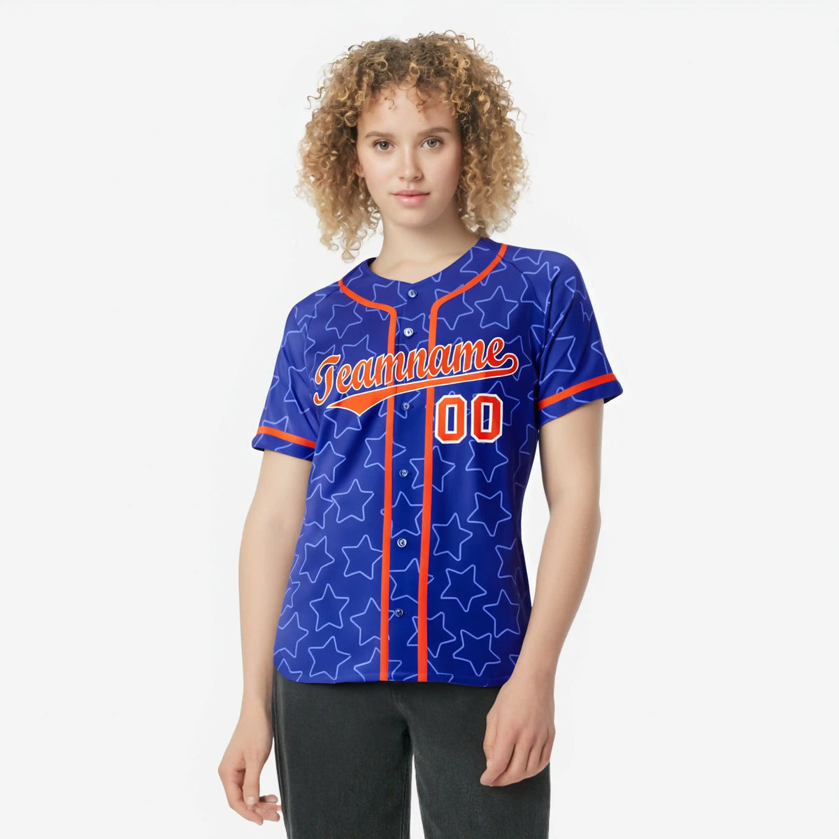Custom Star Blue Orange Baseball Jersey Button Down Shirt Personalized for Adults/Youth