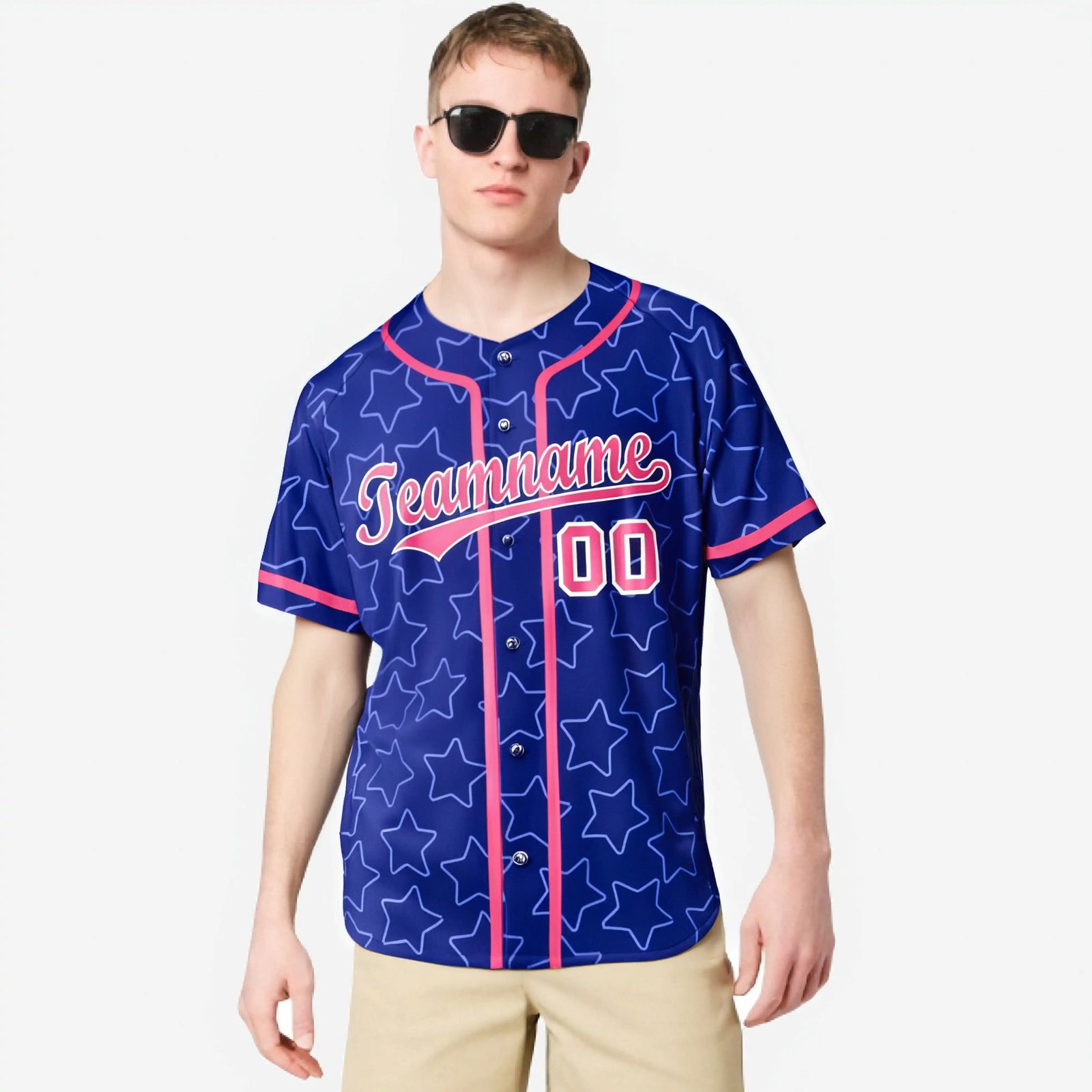 Custom Star Blue Pink Baseball Jersey Button Down Shirt Personalized for Adults/Youth