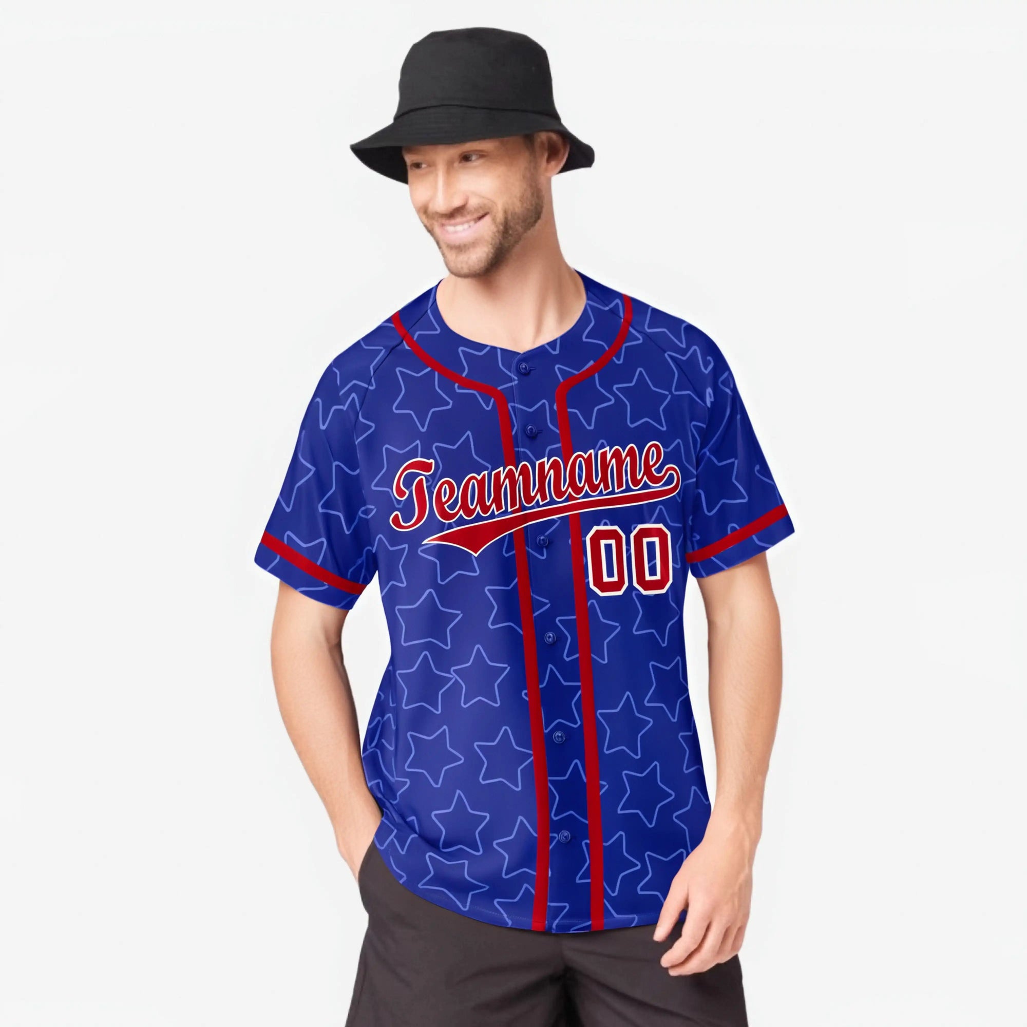 Custom Star Blue Red Baseball Jersey Button Down Shirt Personalized for Adults/Youth