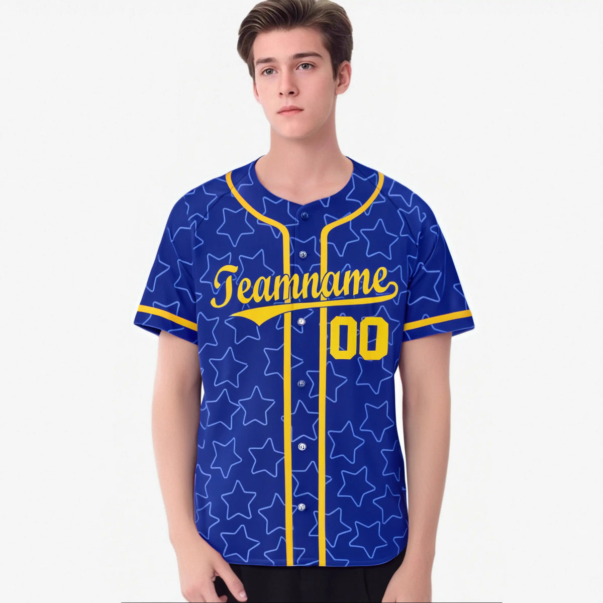 Custom Star Blue Gold Baseball Jersey Button Down Shirt Personalized for Adults/Youth