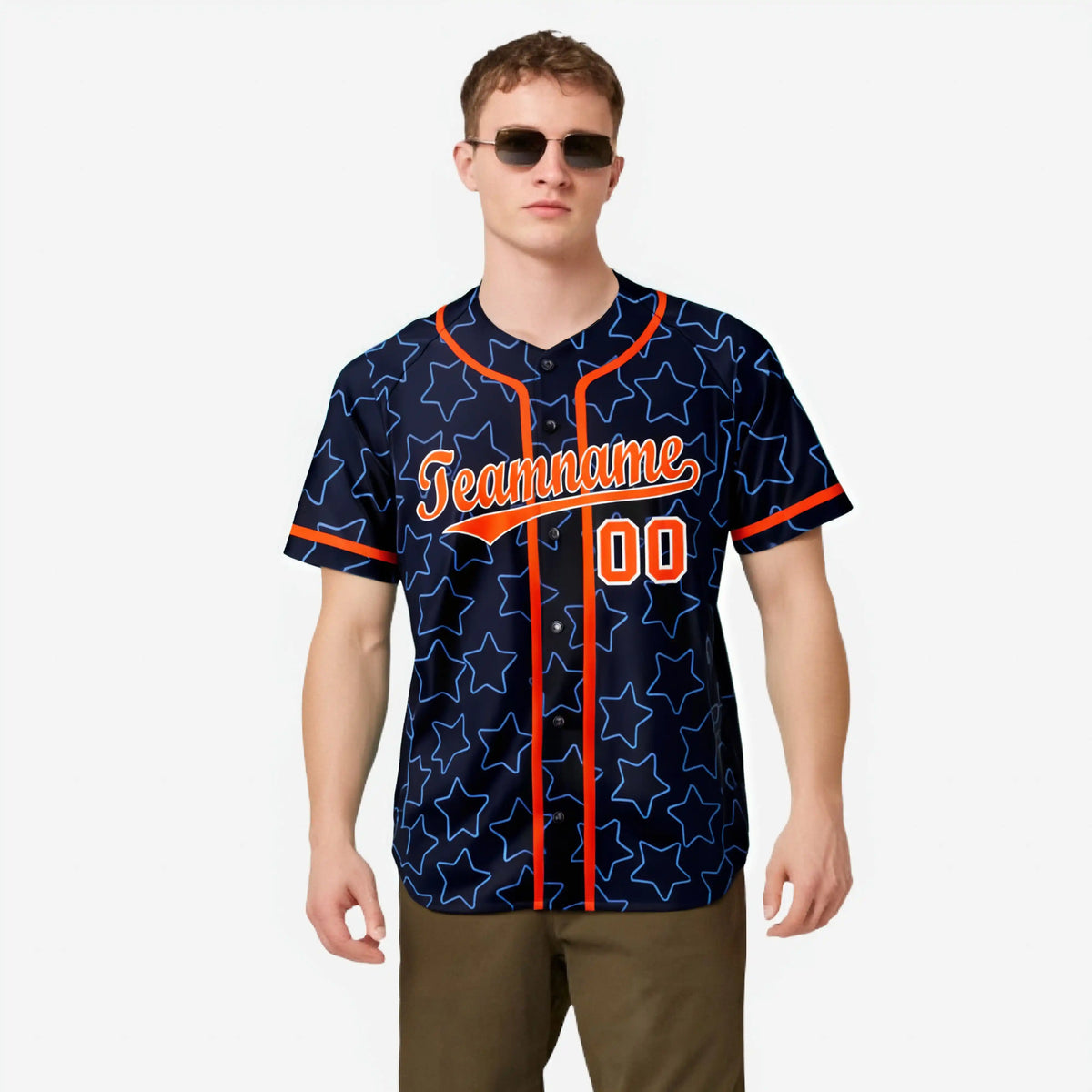 Custom Star Navy Blue Orange Baseball Jersey Button Down Shirt Personalized for Adults/Youth