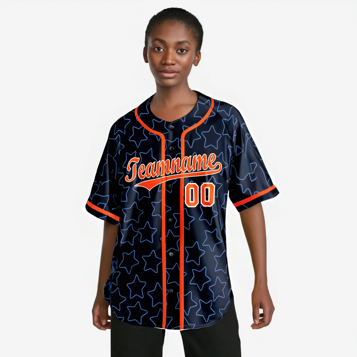 Custom Star Navy Blue Orange Baseball Jersey Button Down Shirt Personalized for Adults/Youth
