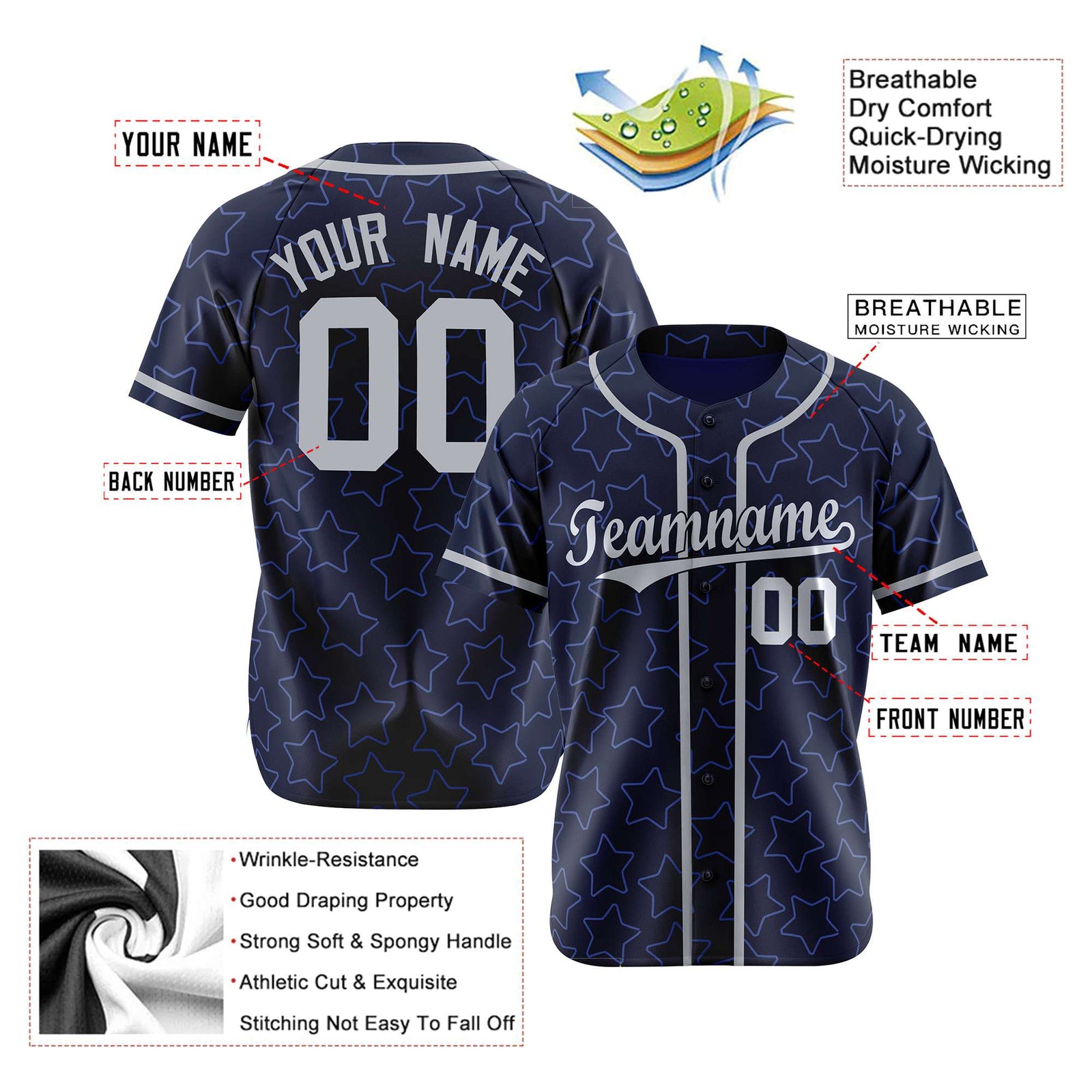 Custom Star Navy Blue-White Baseball Jersey Button Down Shirt Personalized for Adults/Youth