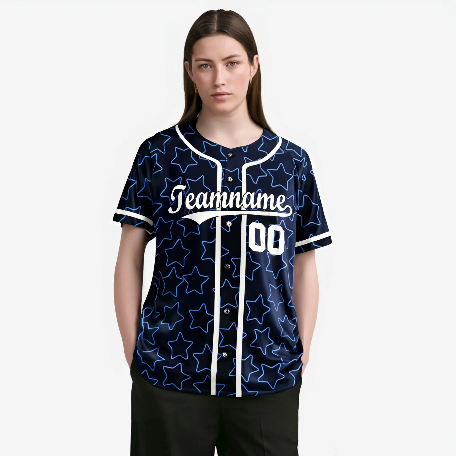 Custom Star Navy Blue-White Baseball Jersey Button Down Shirt Personalized for Adults/Youth