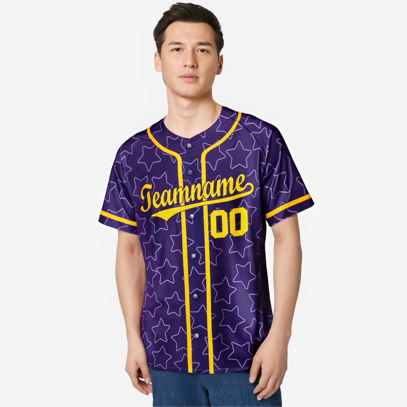 Custom Star Purple Gold Baseball Jersey Button Down Shirt Personalized for Adults/Youth