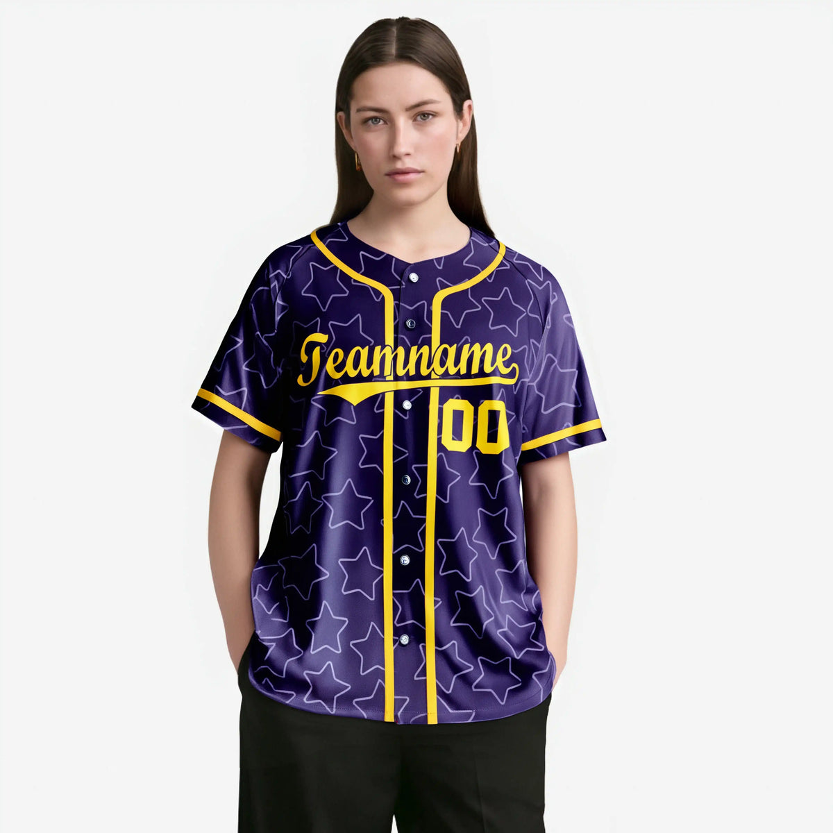 Custom Star Purple Gold Baseball Jersey Button Down Shirt Personalized for Adults/Youth