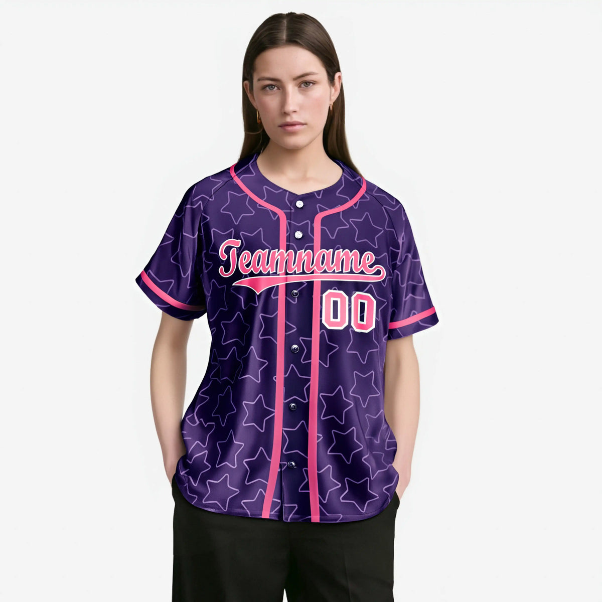 Custom Star Purple Pink Baseball Jersey Button Down Shirt Personalized for Adults/Youth
