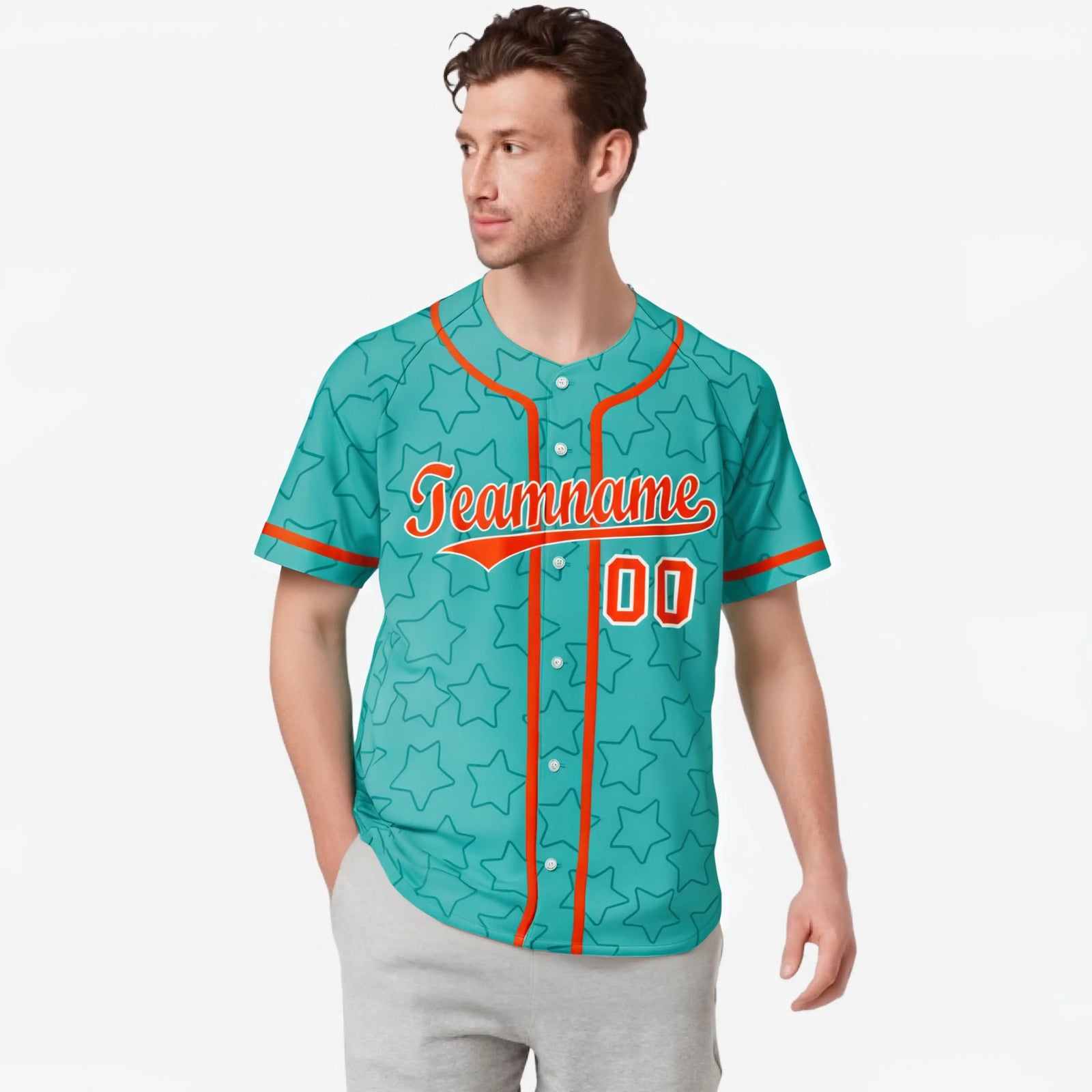Custom Star Turquoise Orange Baseball Jersey Button Down Shirt Personalized for Adults/Youth