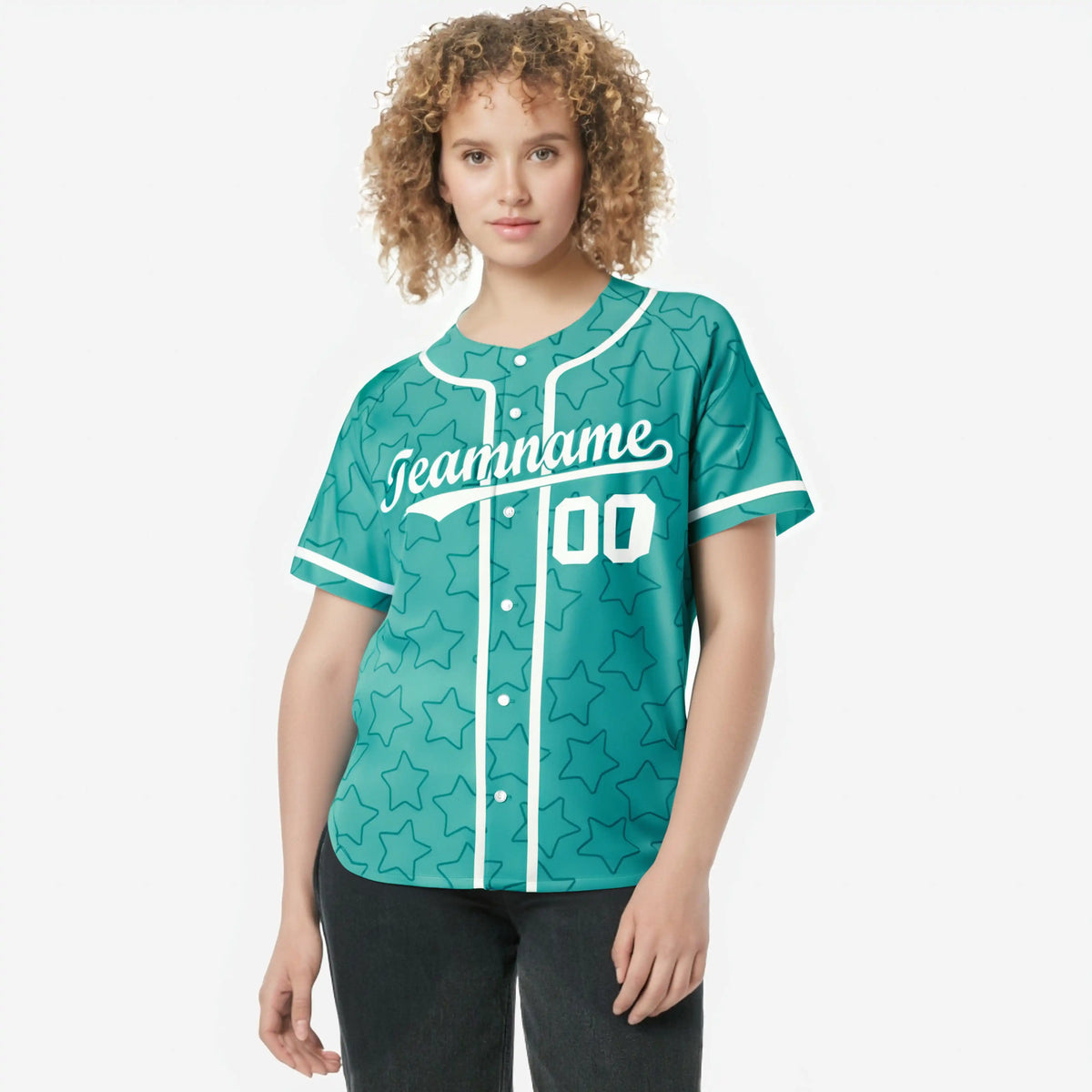 Custom Star Turquoise White Baseball Jersey Button Down Shirt Personalized for Adults/Youth