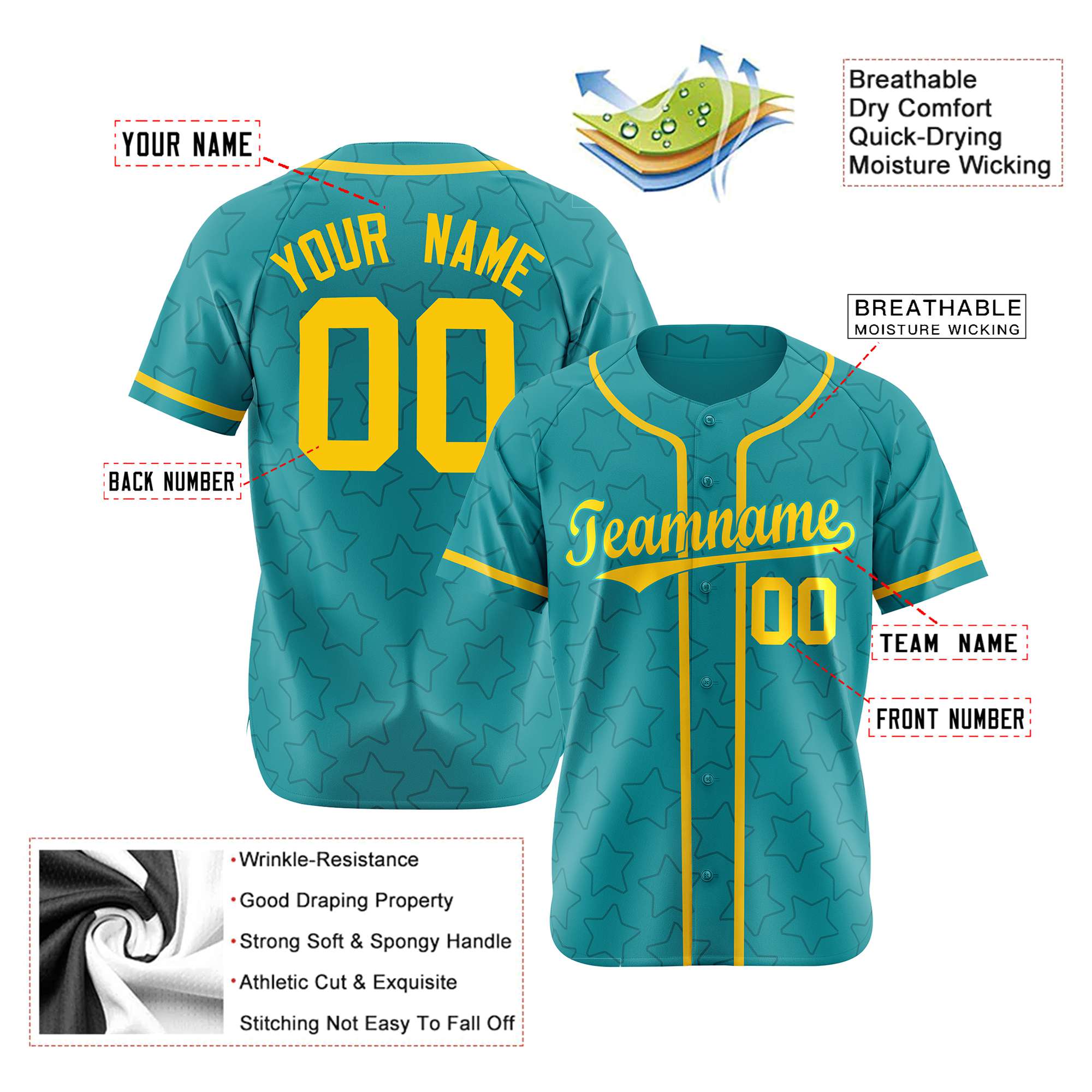 Custom Star Turquoise Gold Baseball Jersey Button Down Shirt Personalized for Adults/Youth