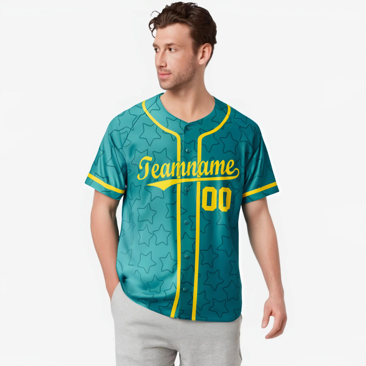 Custom Star Turquoise Gold Baseball Jersey Button Down Shirt Personalized for Adults/Youth