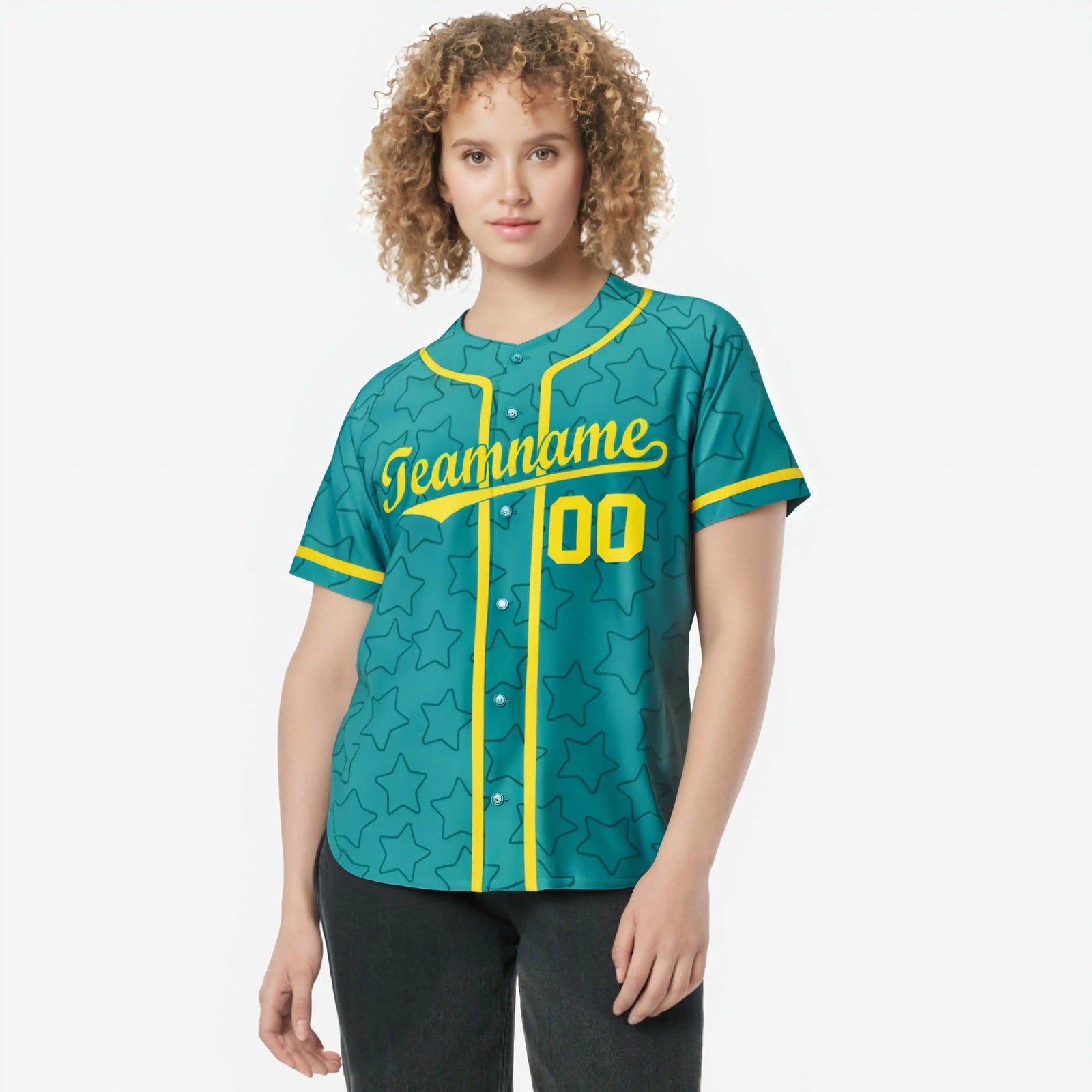 Custom Star Turquoise Gold Baseball Jersey Button Down Shirt Personalized for Adults/Youth