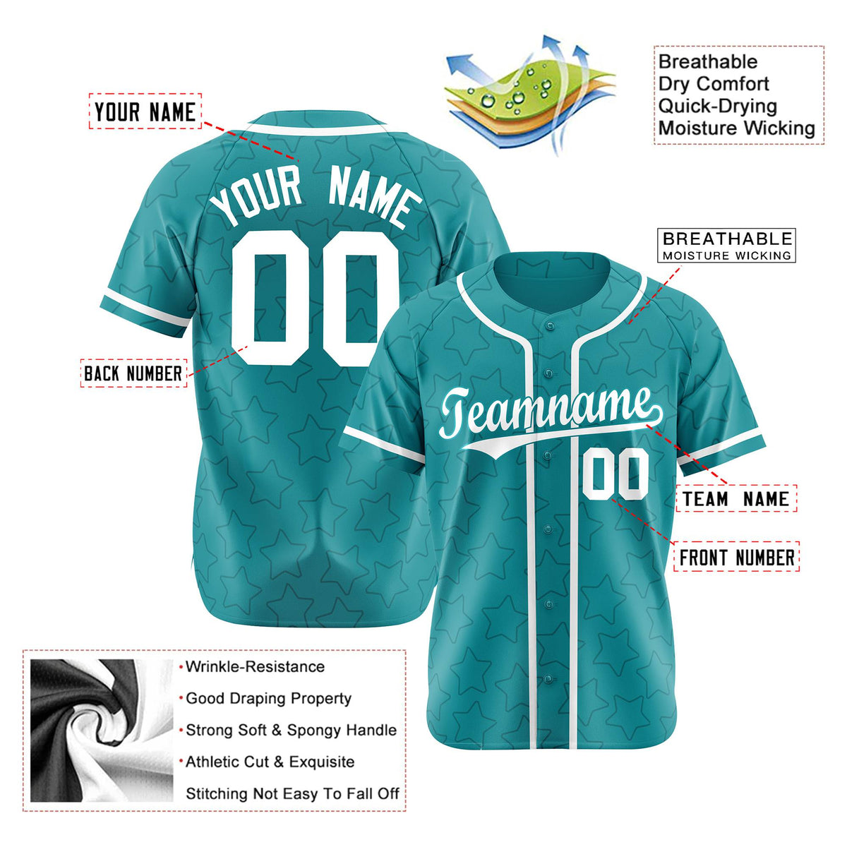 Custom Star Turquoise White Baseball Jersey Button Down Shirt Personalized for Adults/Youth