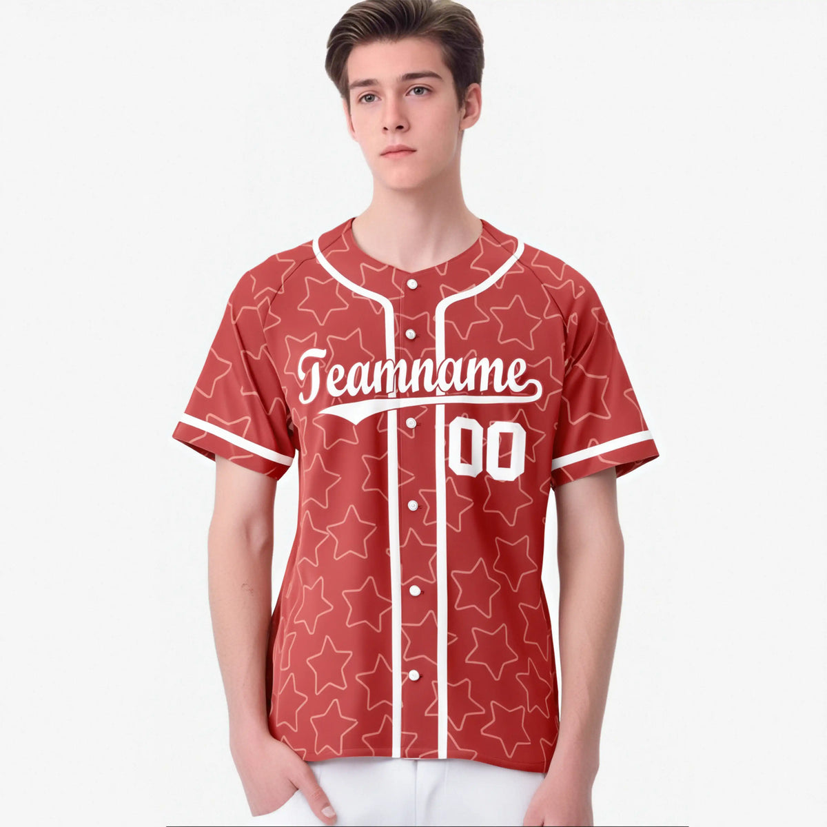 Custom Star Red White Baseball Jersey Button Down Shirt Personalized for Adults/Youth