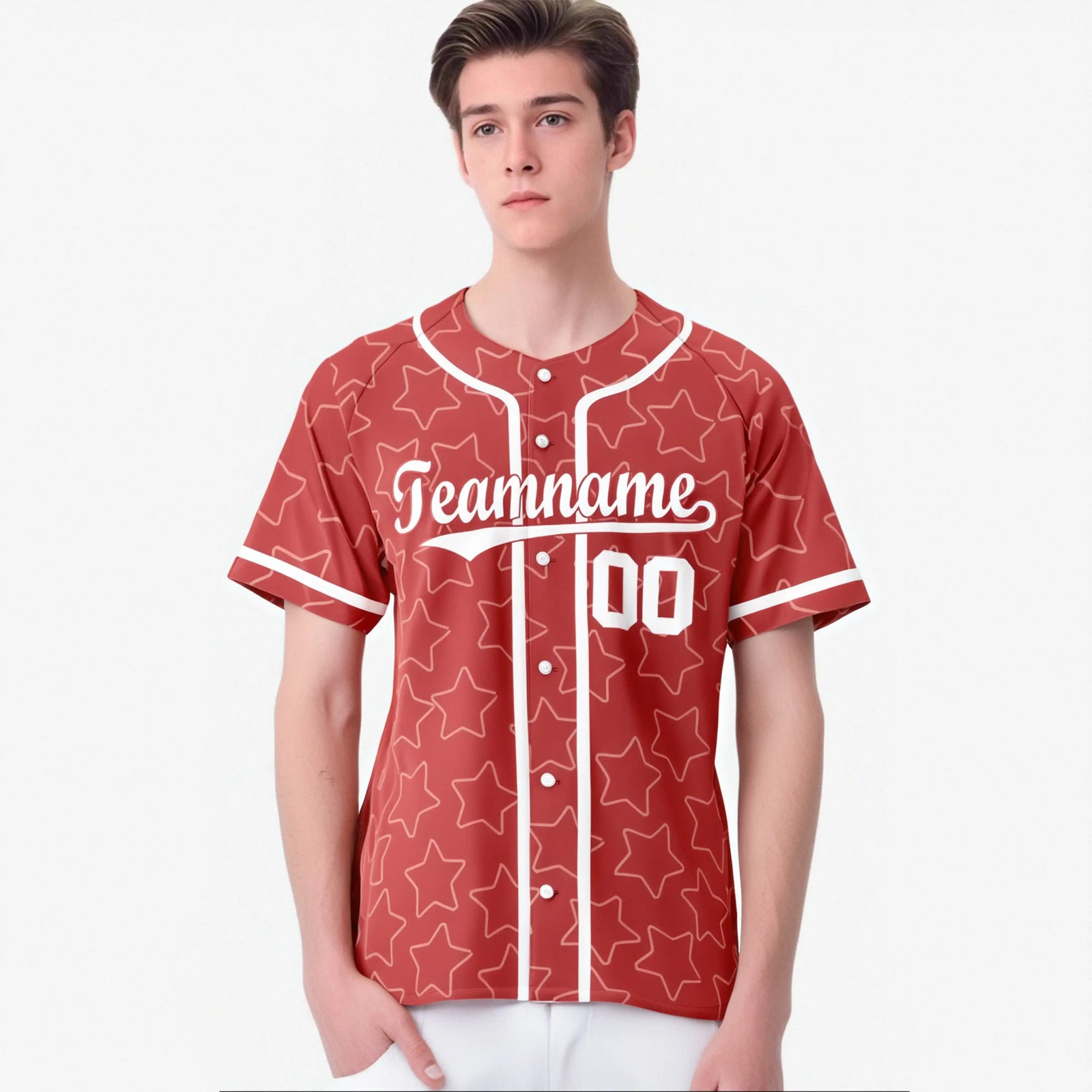 Custom Star Red White Baseball Jersey Button Down Shirt Personalized for Adults/Youth