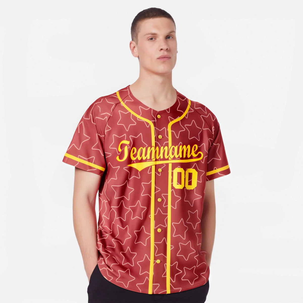 Custom Star Red Gold Baseball Jersey Button Down Shirt Personalized for Adults/Youth