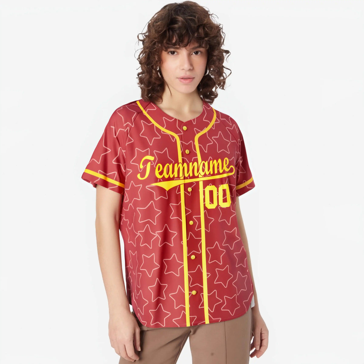Custom Star Red Gold Baseball Jersey Button Down Shirt Personalized for Adults/Youth