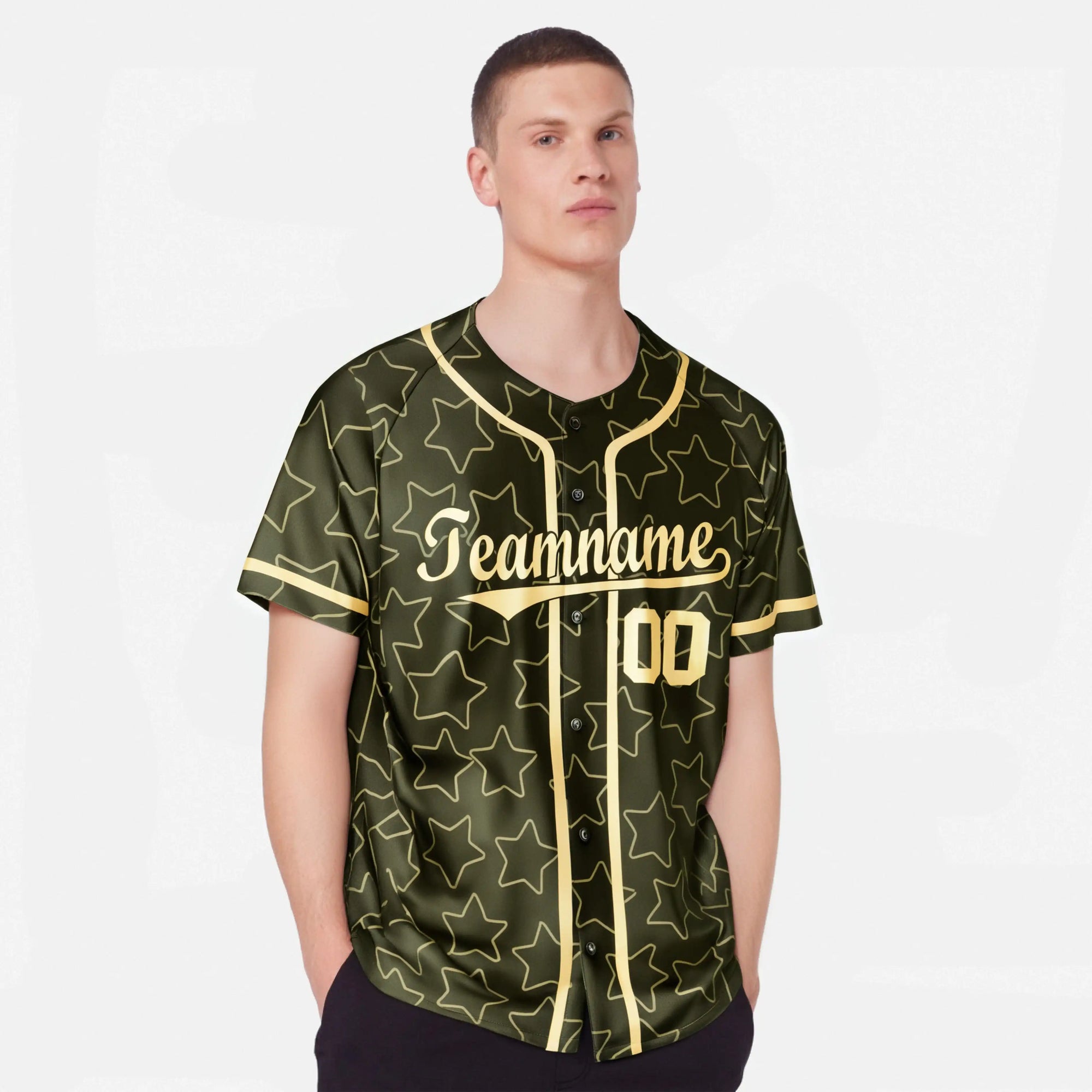 Custom Star Olive Green Gold Baseball Jersey Button Down Shirt Personalized for Adults/Youth