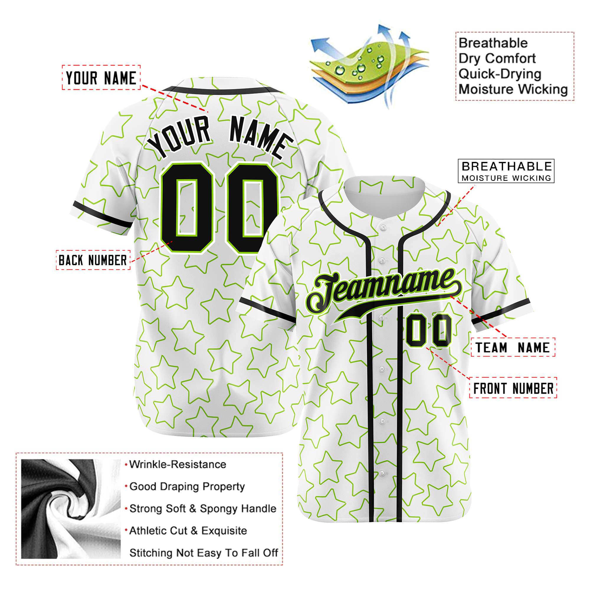 Custom Star White Green-Black Baseball Jersey Button Down Shirt Personalized for Adults/Youth