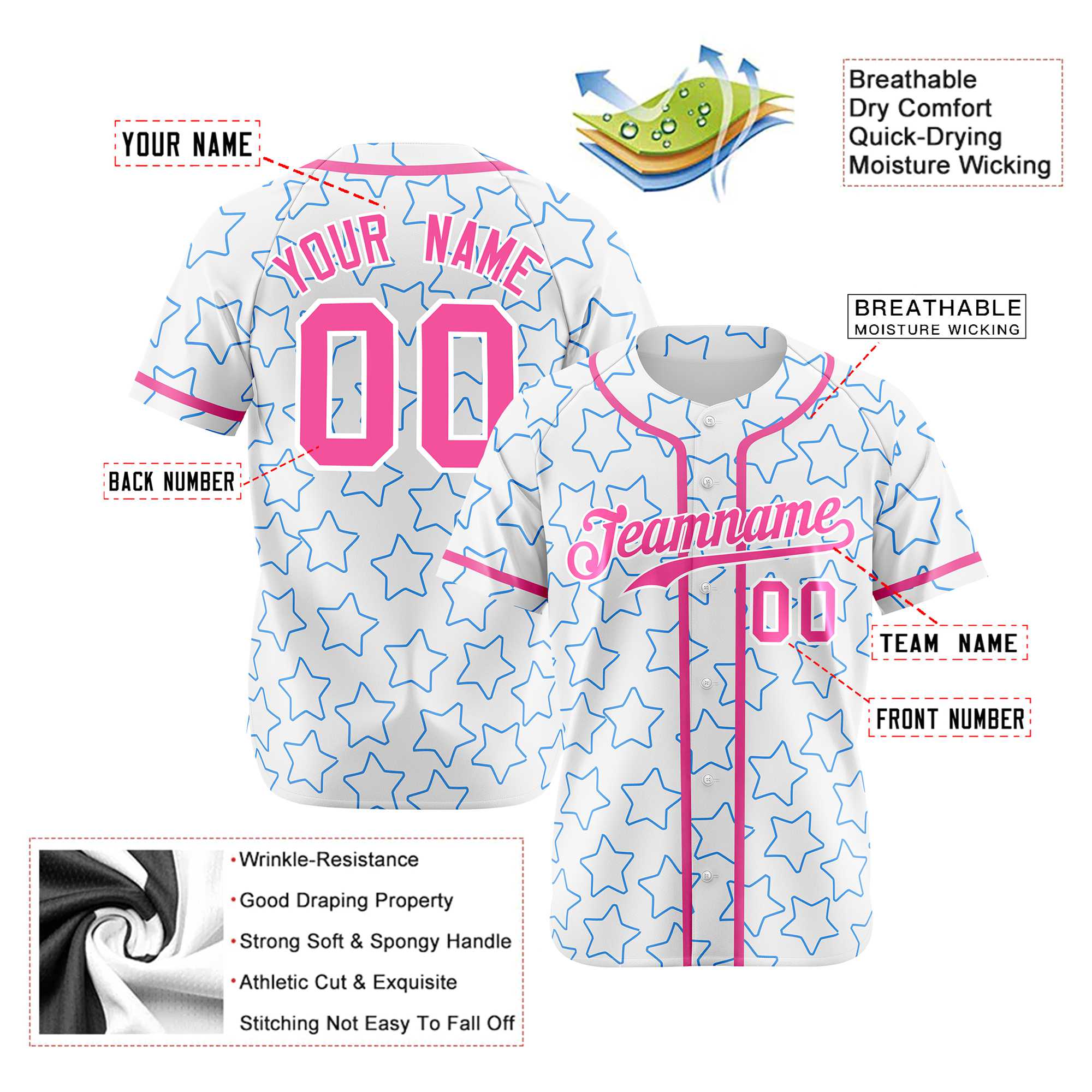 Custom Star White Pink Baseball Jersey Button Down Shirt Personalized for Adults/Youth