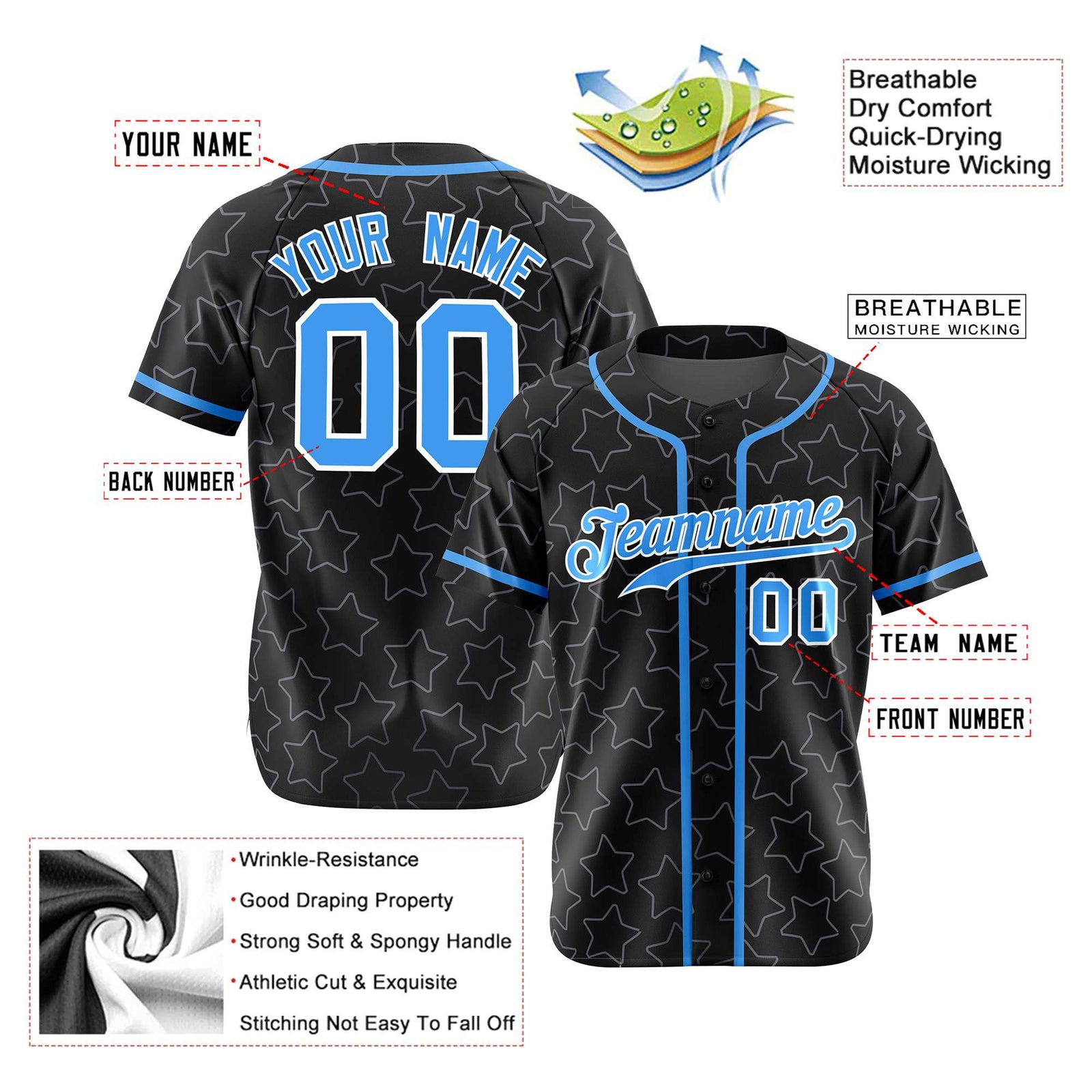 Custom Star Black Blue Baseball Jersey Button Down Shirt Personalized for Adults/Youth