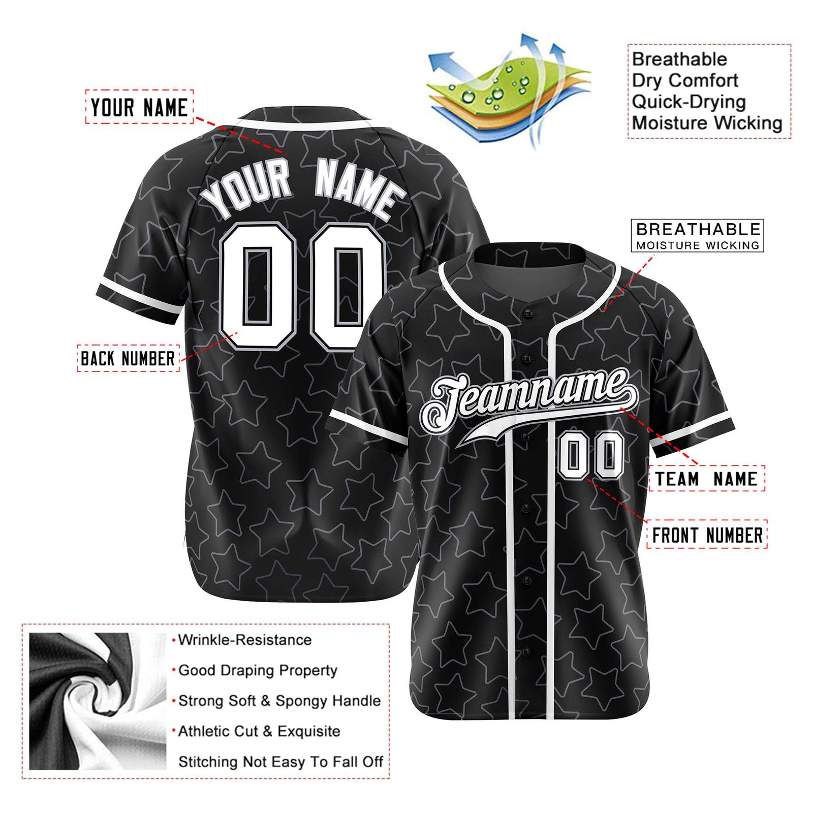 Custom Star Black White Baseball Jersey Button Down Shirt Personalized for Adults/Youth