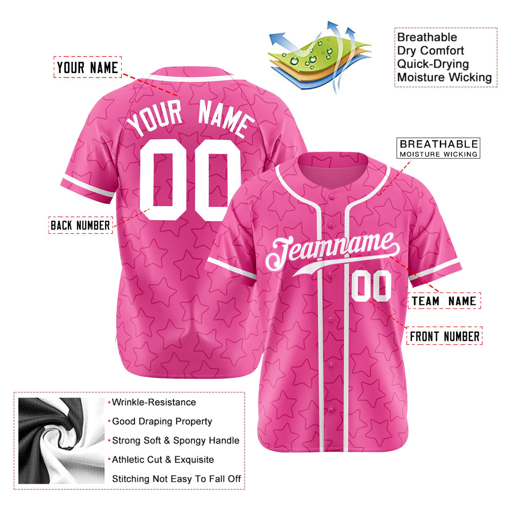 Custom Star Pink White Baseball Jersey Button Down Shirt Personalized for Adults/Youth