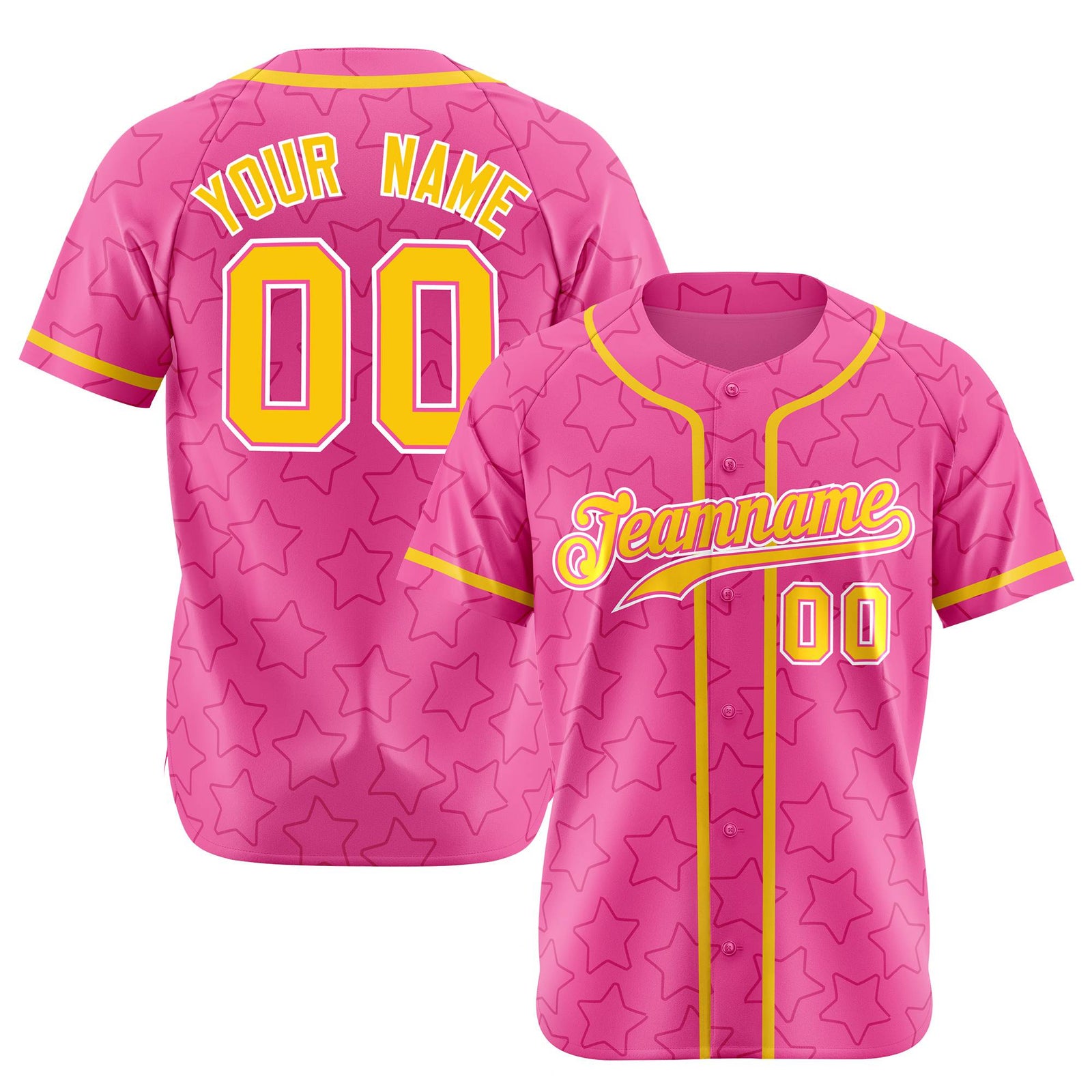 Custom Star Pink Yellow Baseball Jersey Button Down Shirt Personalized for Adults/Youth