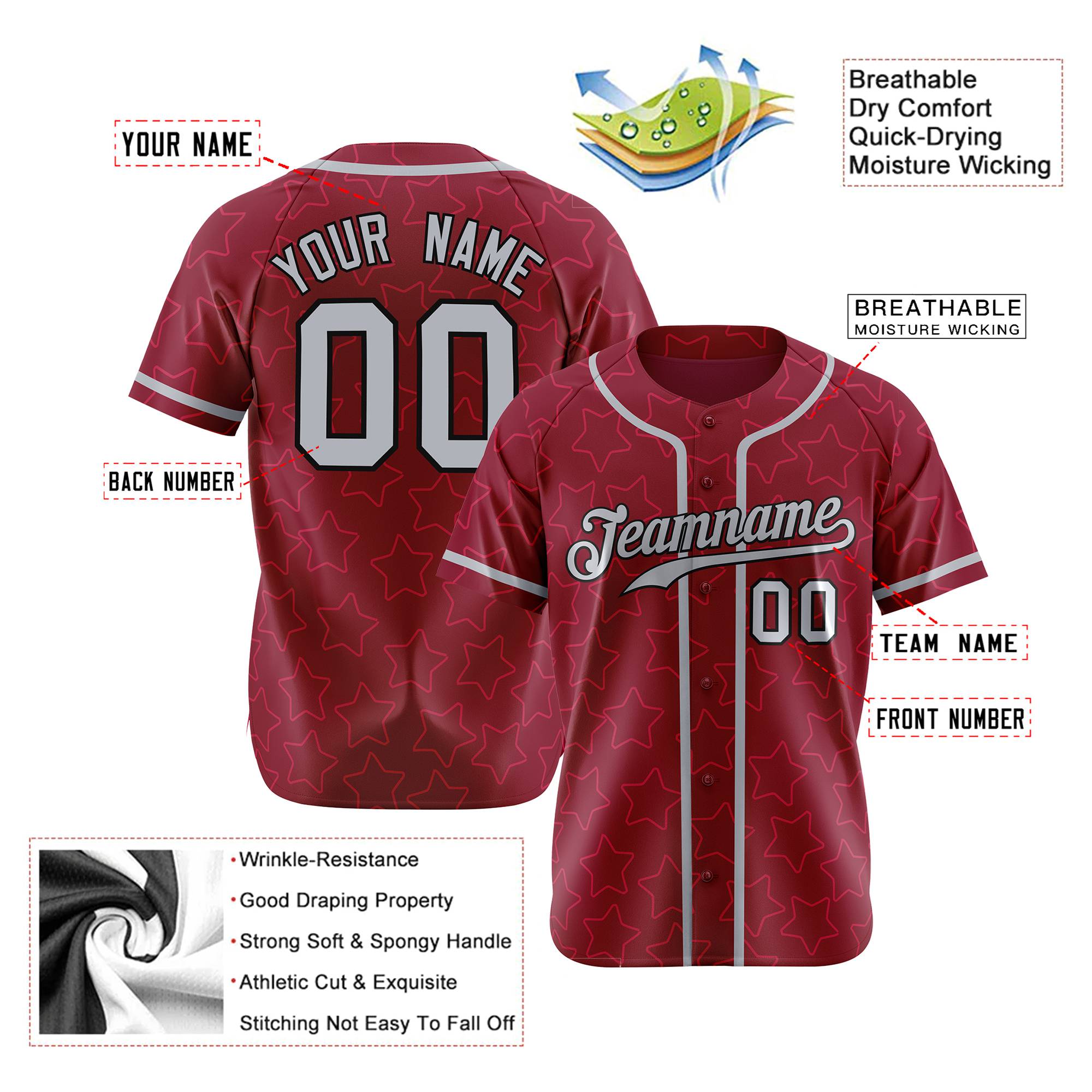 Custom Star Maroon Gray Baseball Jersey Button Down Shirt Personalized for Adults/Youth