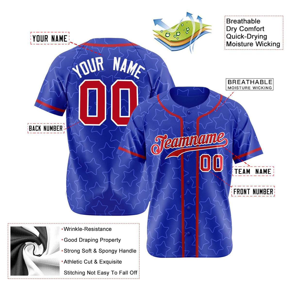 Custom Star Blue Red Baseball Jersey Button Down Shirt Personalized for Adults/Youth