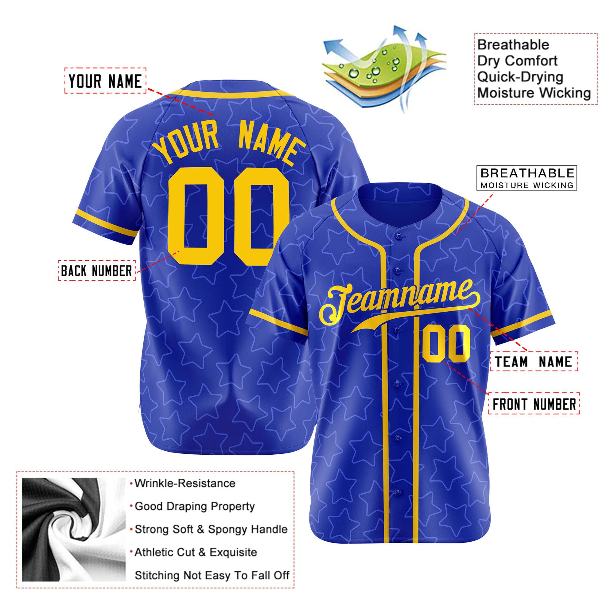 Custom Star Blue Gold Baseball Jersey Button Down Shirt Personalized for Adults/Youth