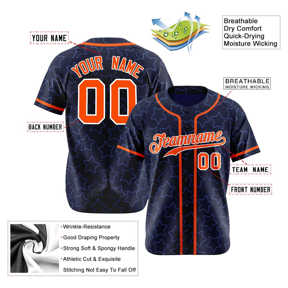 Custom Star Navy Blue Orange Baseball Jersey Button Down Shirt Personalized for Adults/Youth