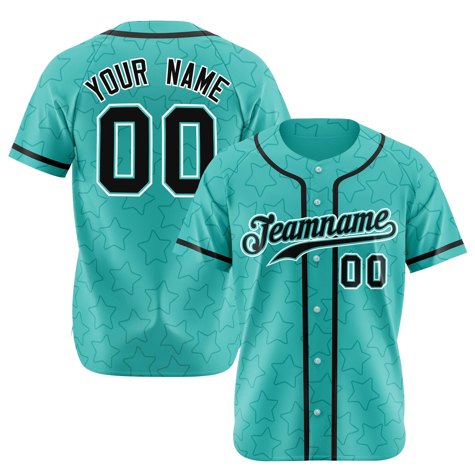 Custom Star Turquoise Black Baseball Jersey Button Down Shirt Personalized for Adults/Youth