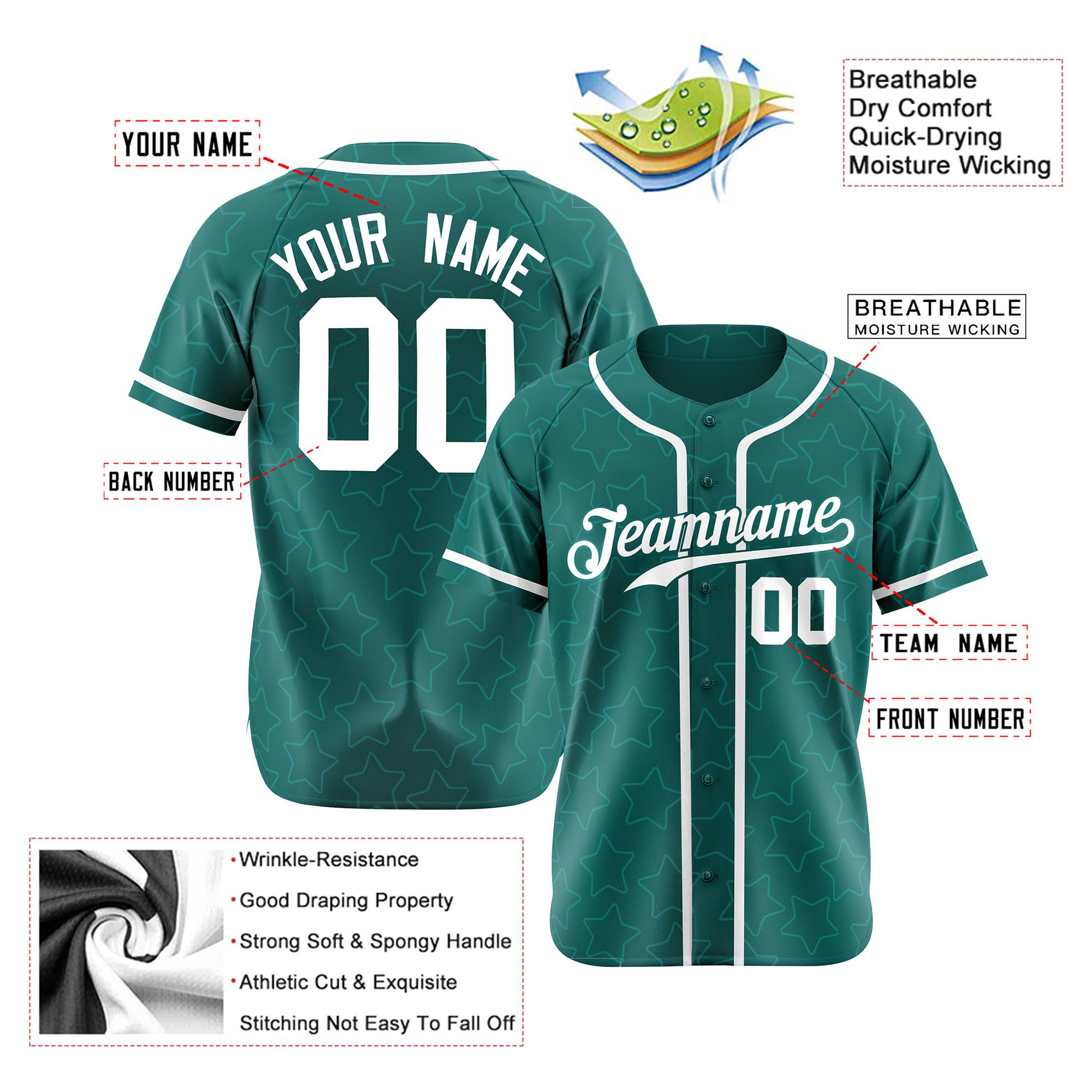 Custom Star Teal White Baseball Jersey Button Down Shirt Personalized for Adults/Youth