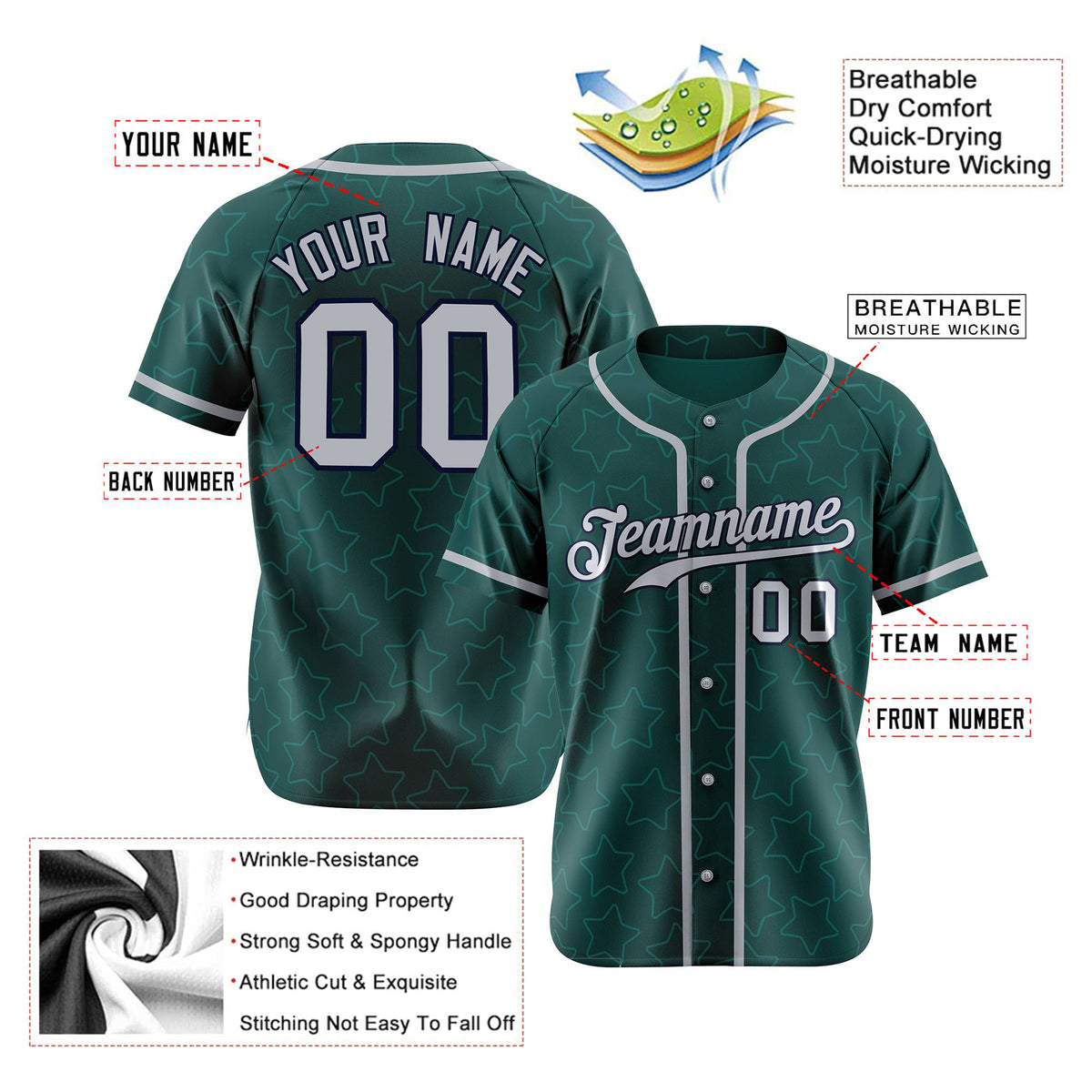 Custom Star Teal White Baseball Jersey Button Down Shirt Personalized for Adults/Youth
