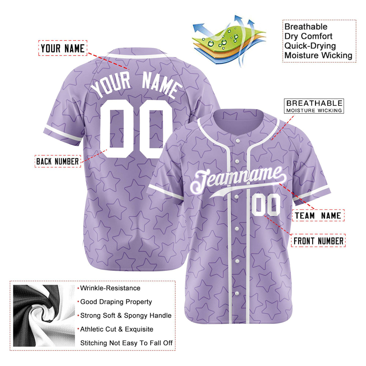 Custom Star Lavender White Baseball Jersey Button Down Shirt Personalized for Adults/Youth