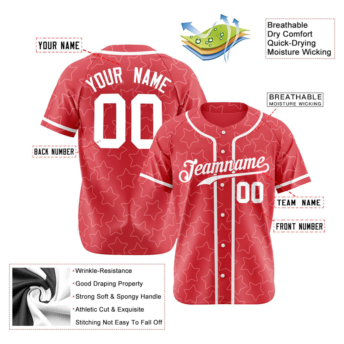 Custom Star Red White Baseball Jersey Button Down Shirt Personalized for Adults/Youth