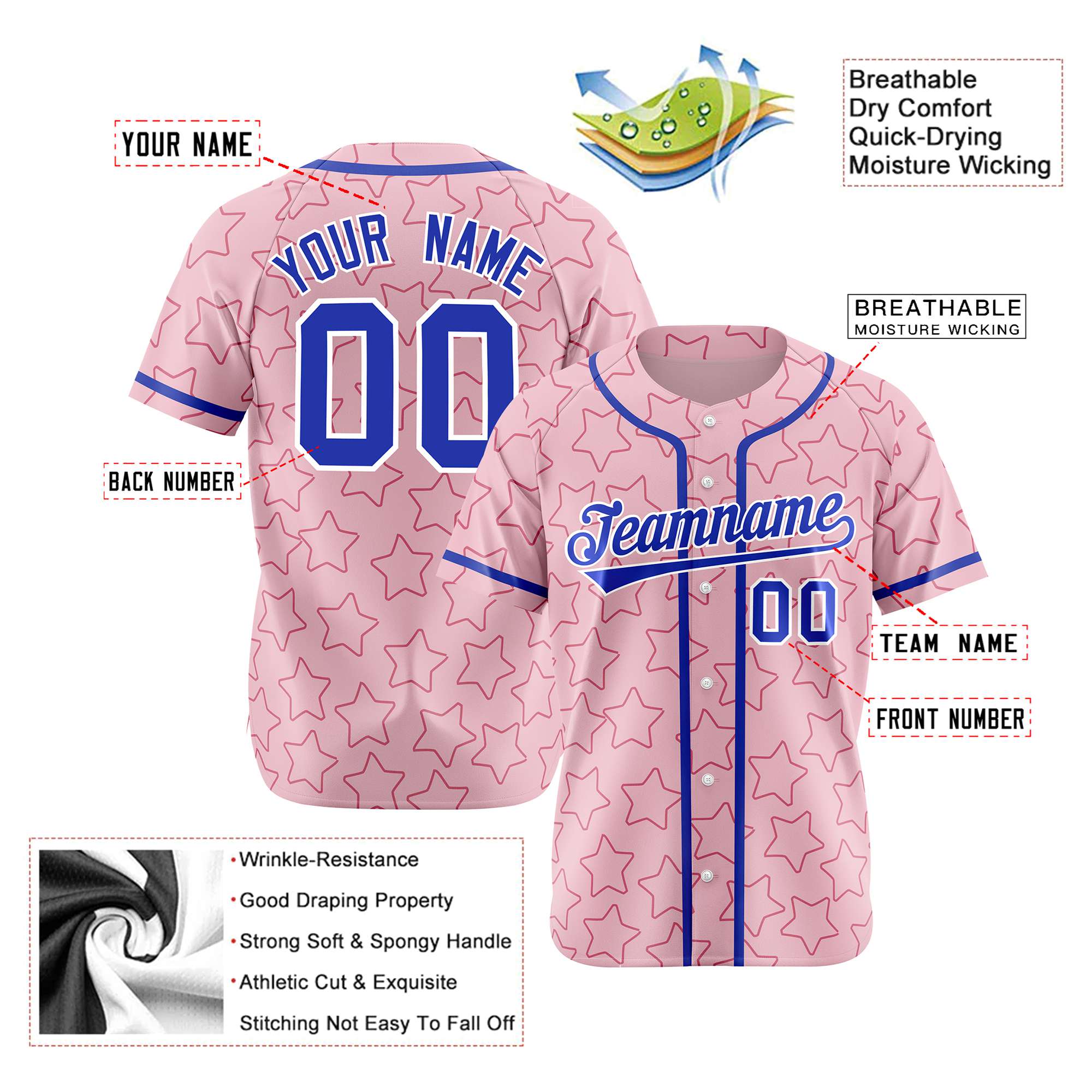 Custom Star Pink Blue Baseball Jersey Button Down Shirt Personalized for Adults/Youth