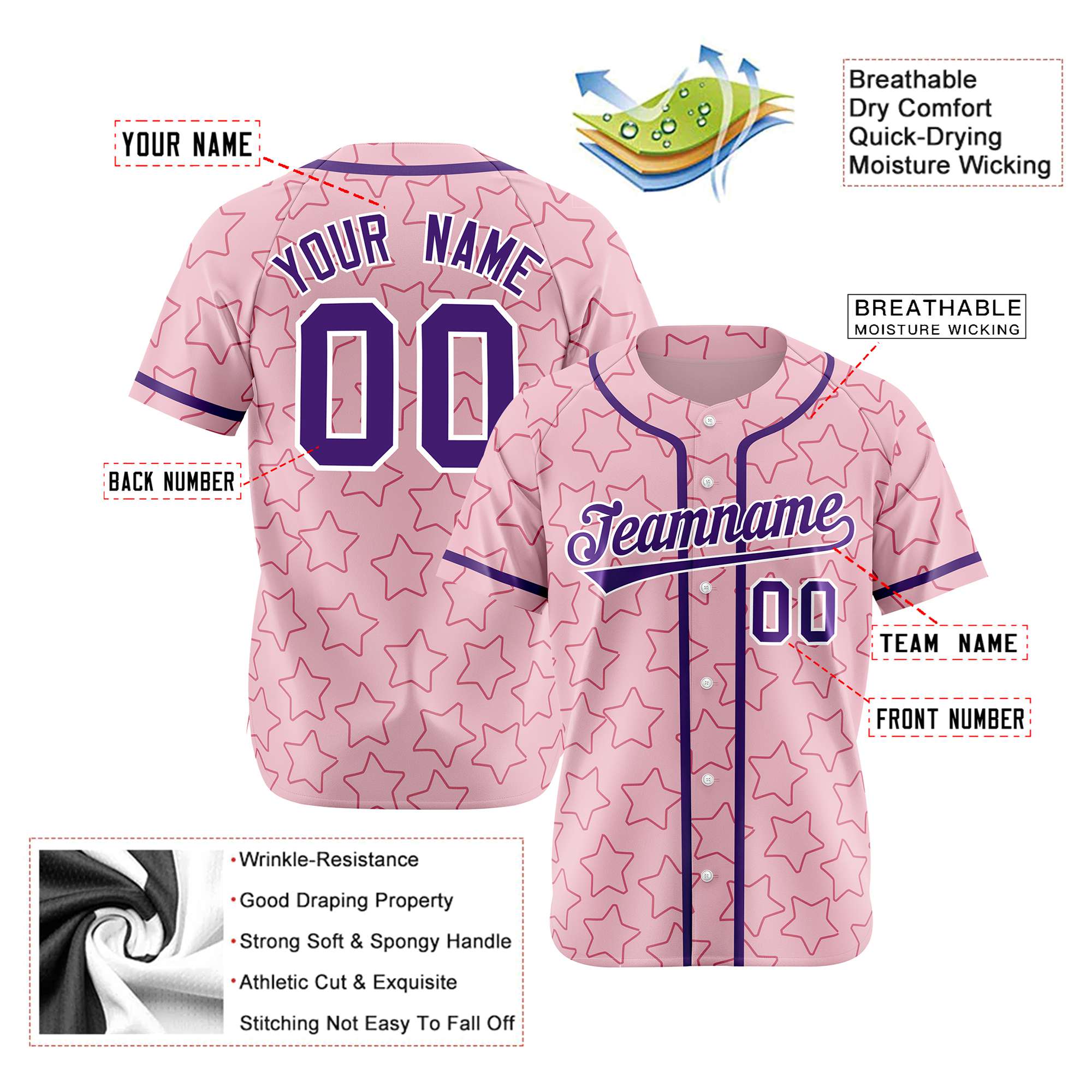 Custom Star Pink violet Baseball Jersey Button Down Shirt Personalized for Adults/Youth