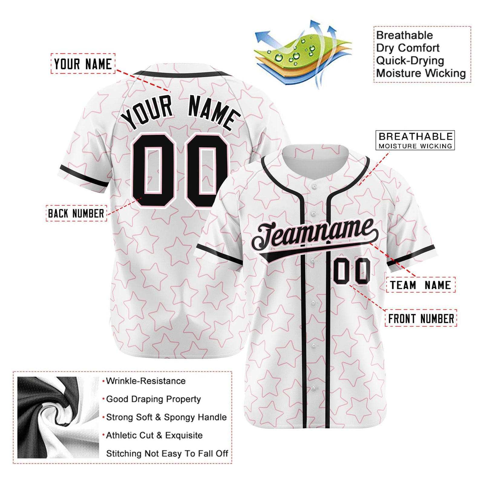 Custom Star White Black Baseball Jersey Button Down Shirt Personalized for Adults/Youth