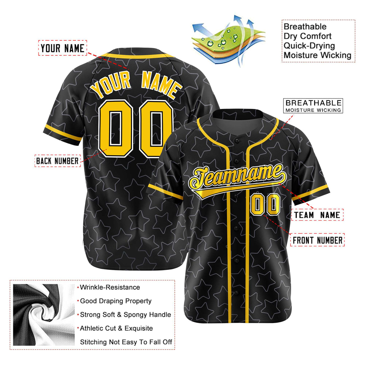 Custom Star Black Gold Baseball Jersey Button Down Shirt Personalized for Adults/Youth