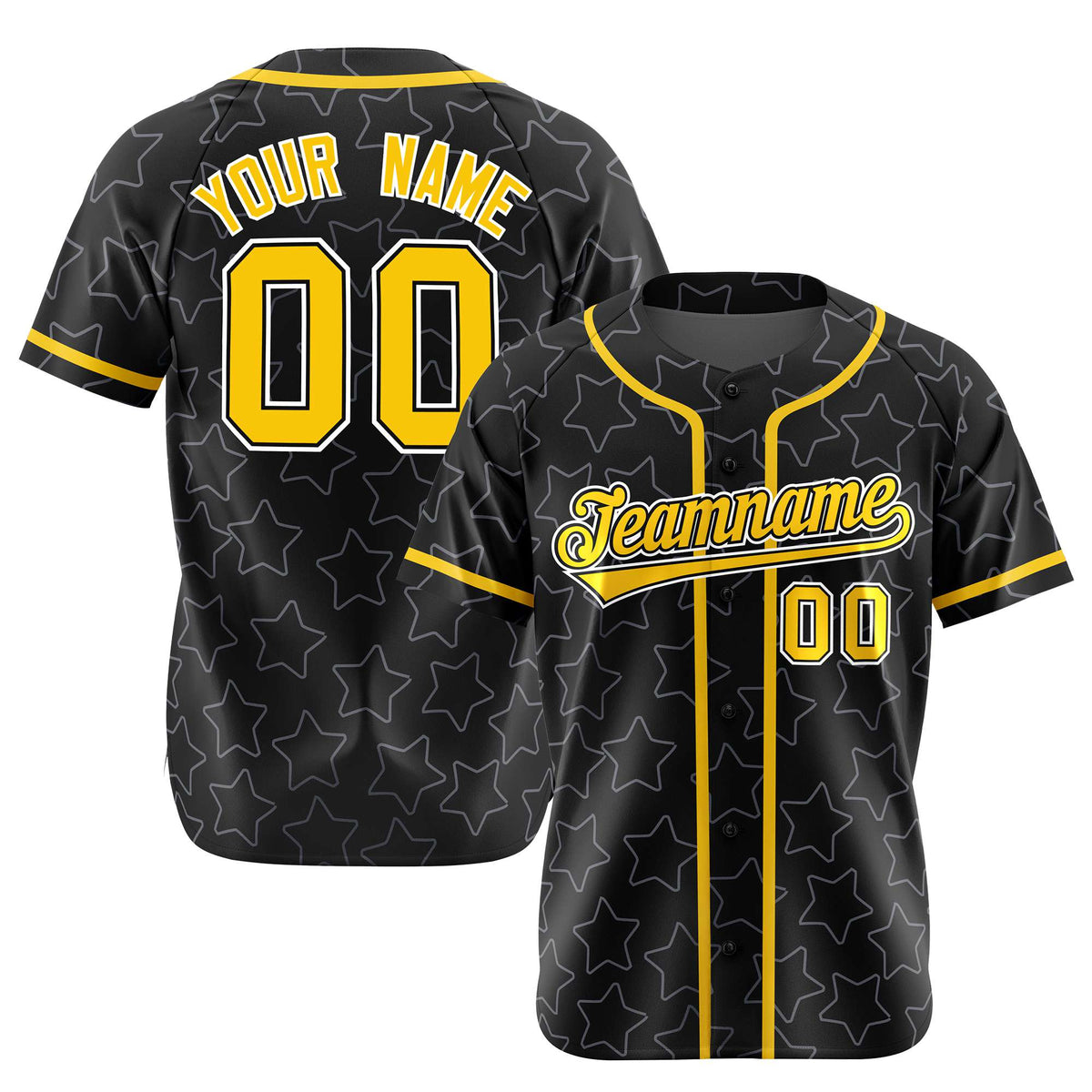 Custom Star Black Gold Baseball Jersey Button Down Shirt Personalized for Adults/Youth