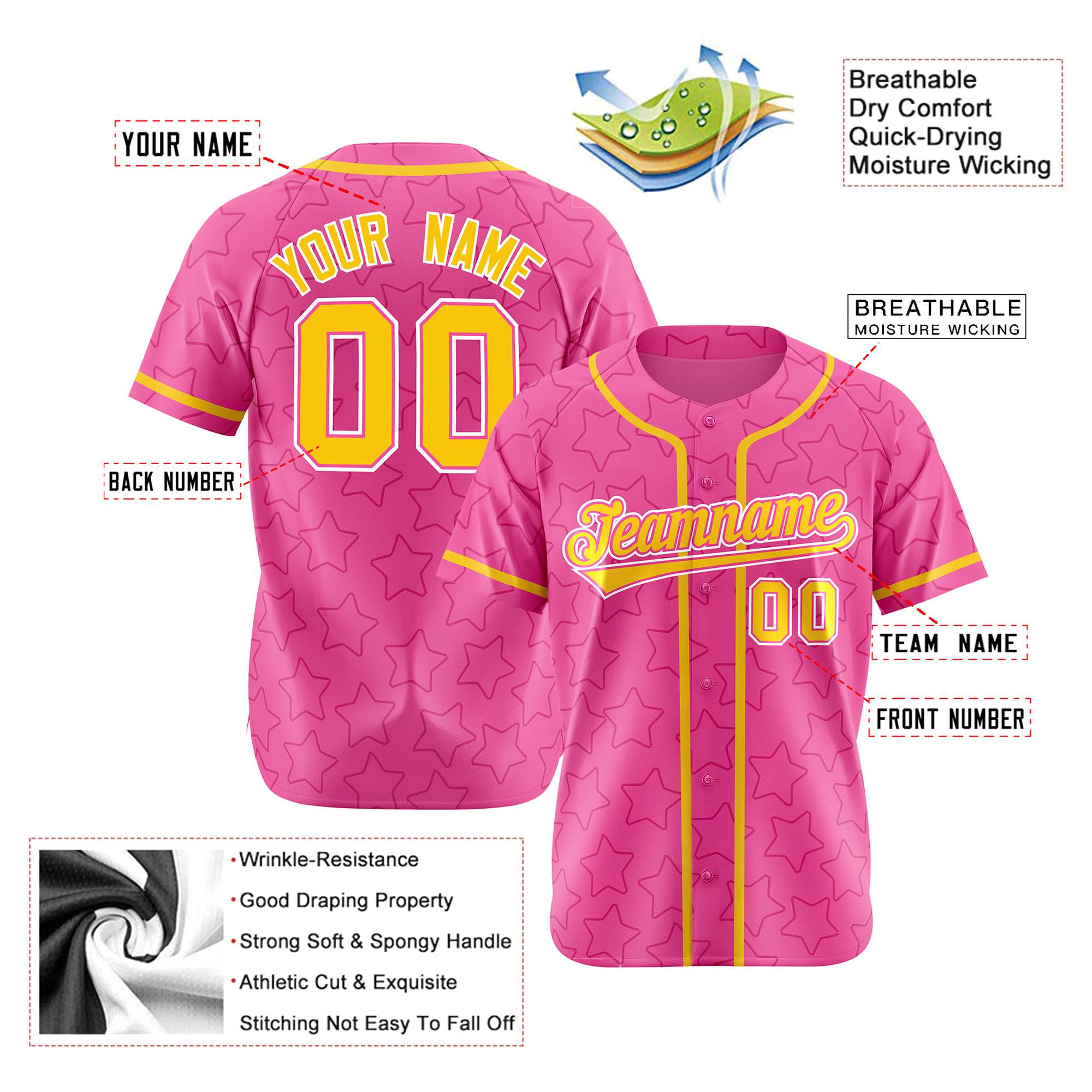 Custom Star Pink Yellow Baseball Jersey Button Down Shirt Personalized for Adults/Youth