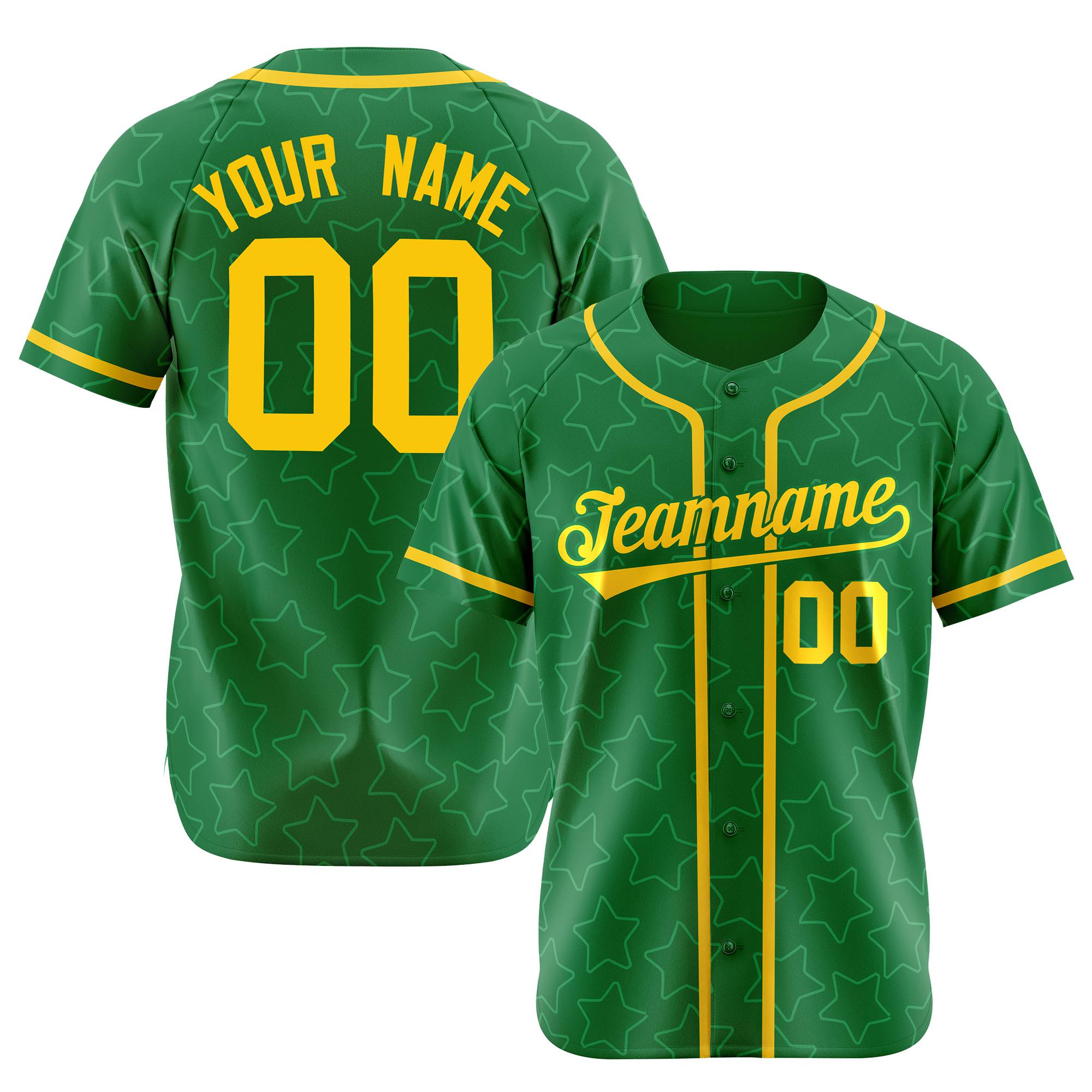 Custom Star Green Gold Baseball Jersey Button Down Shirt Personalized for Adults/Youth