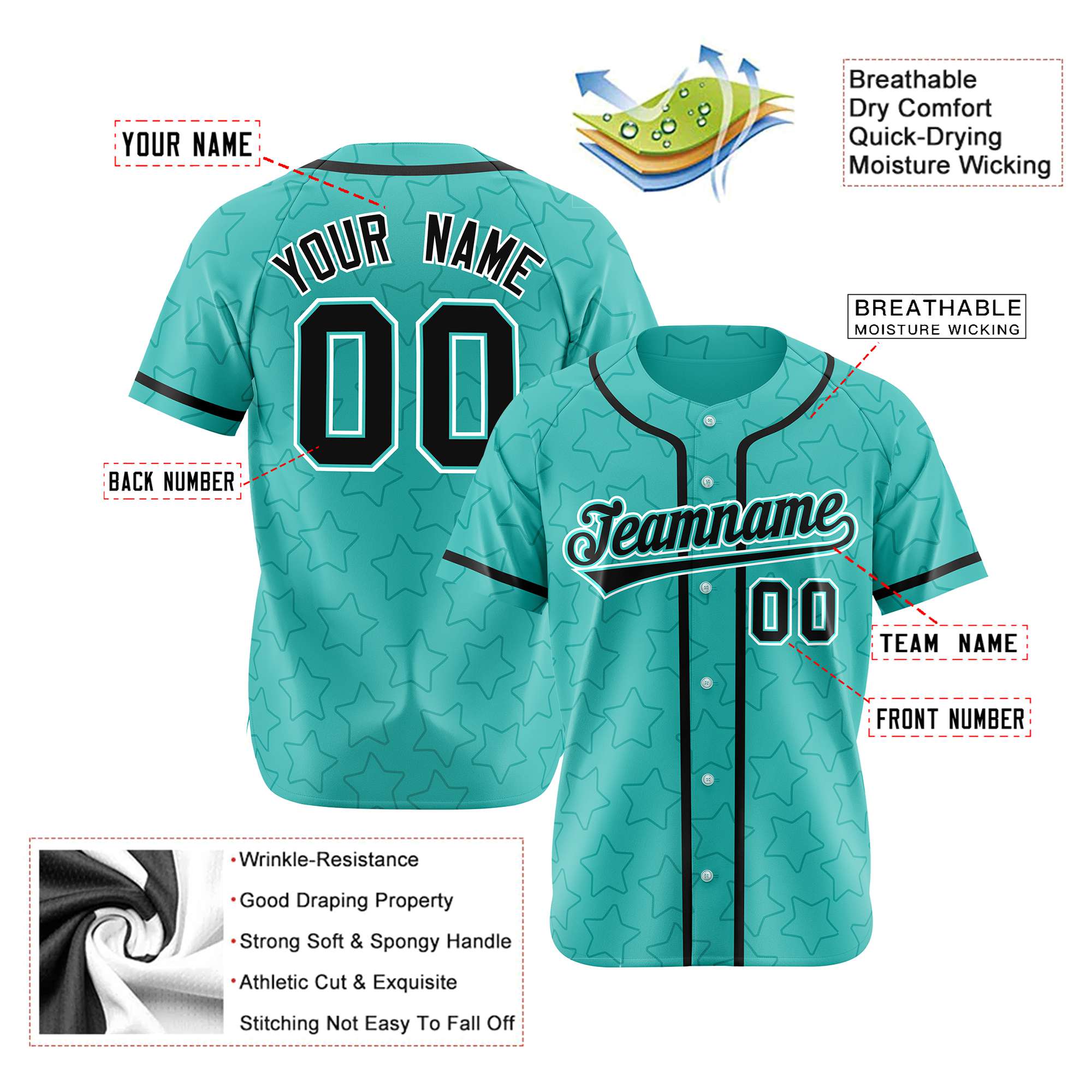 Custom Star Turquoise Black Baseball Jersey Button Down Shirt Personalized for Adults/Youth