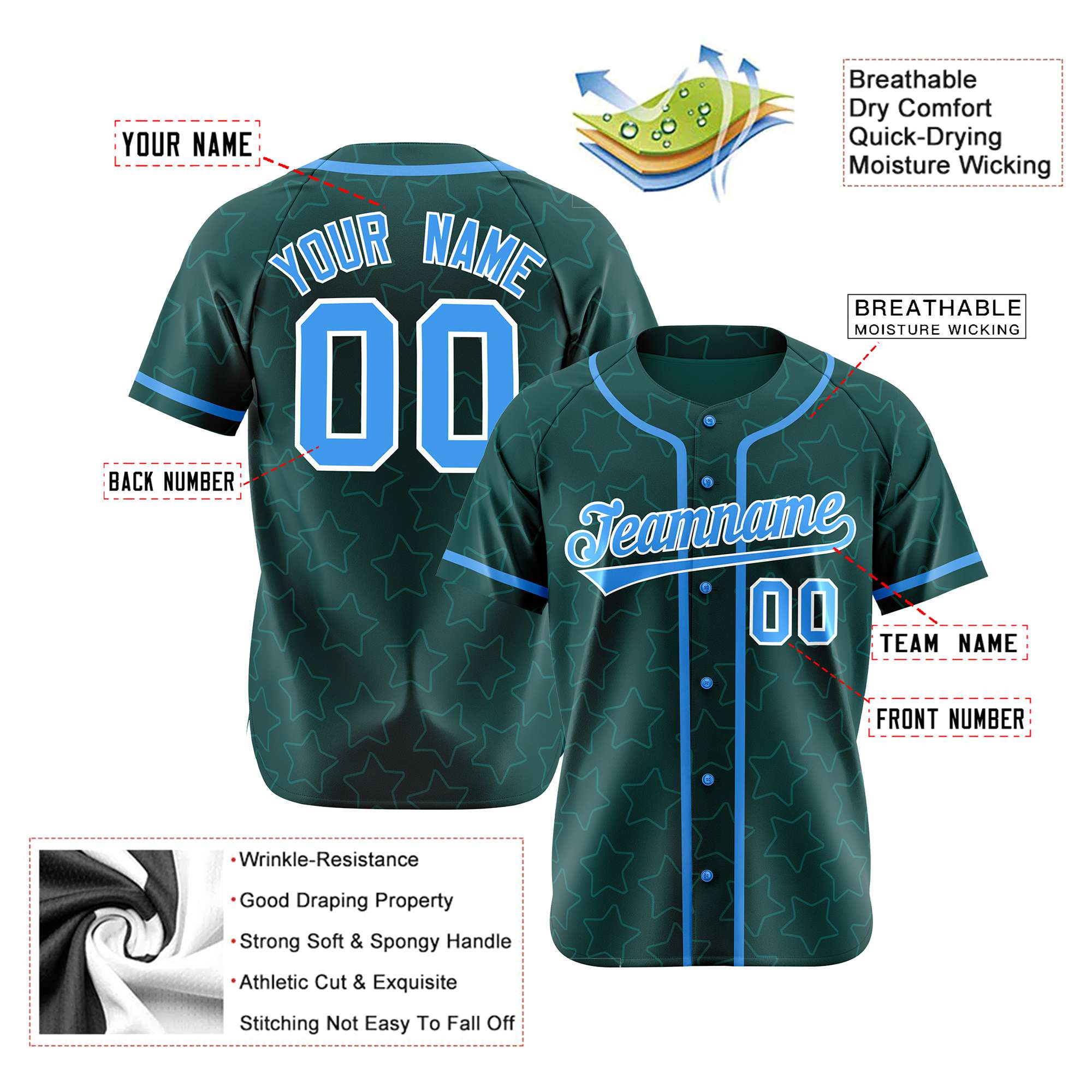 Custom Star Teal Blue Baseball Jersey Button Down Shirt Personalized for Adults/Youth