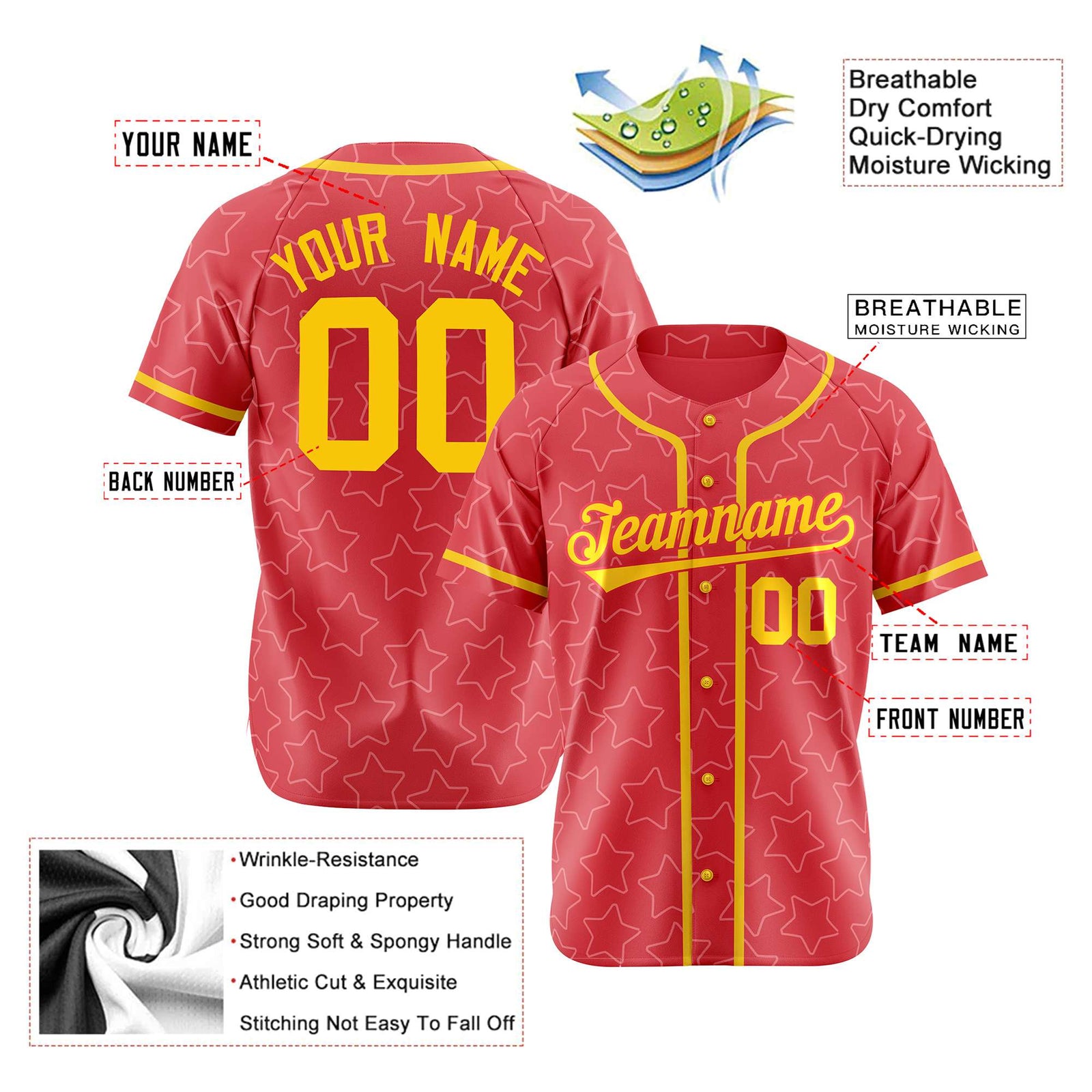 Custom Star Red Gold Baseball Jersey Button Down Shirt Personalized for Adults/Youth