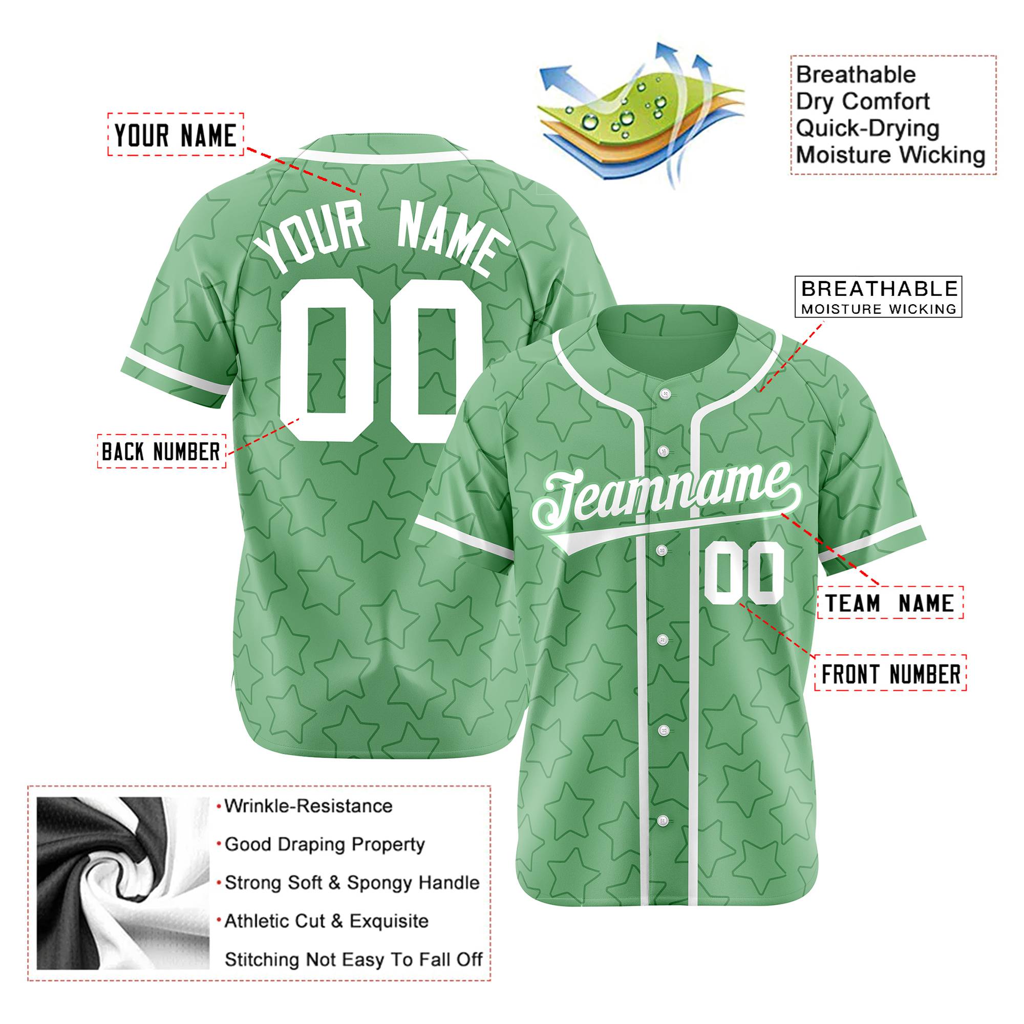Custom Star Green-White Green Baseball Jersey Button Down Shirt Personalized for Adults/Youth