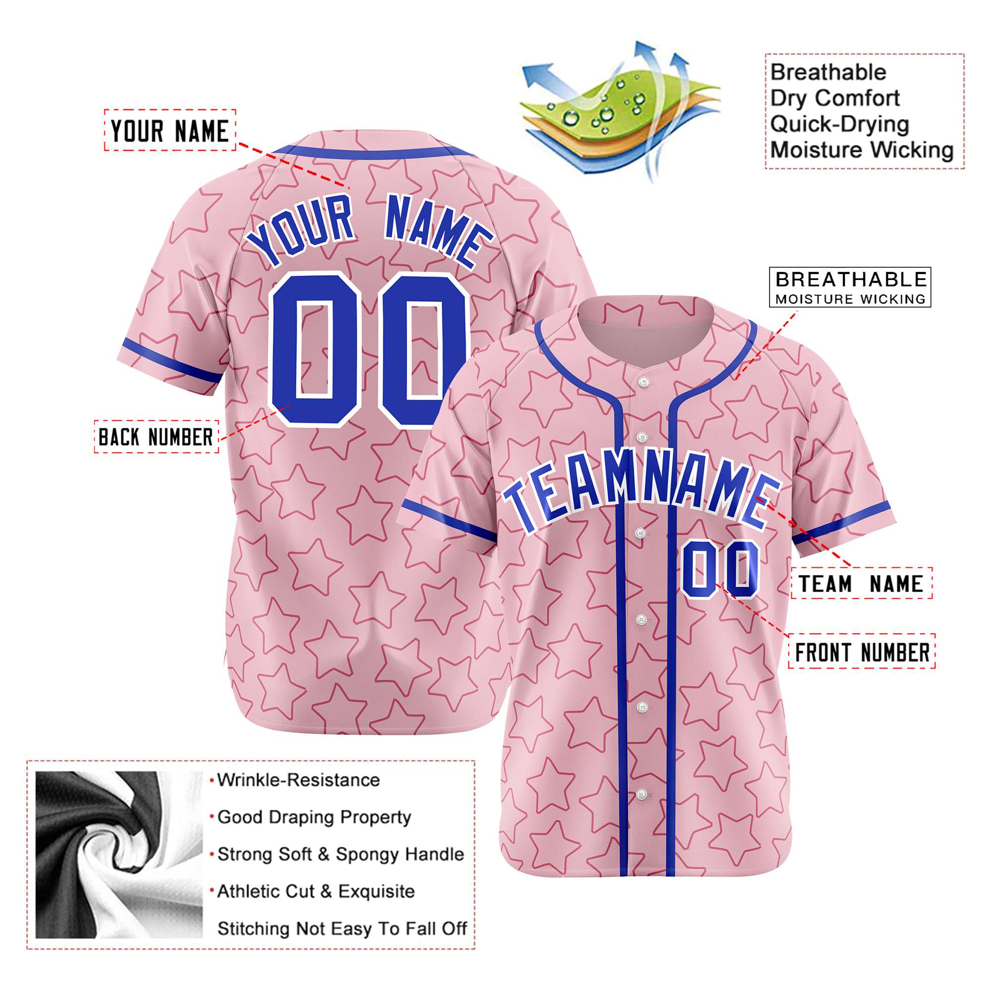 Custom Star Pink Blue Baseball Jersey Button Down Shirt Personalized for Adults/Youth