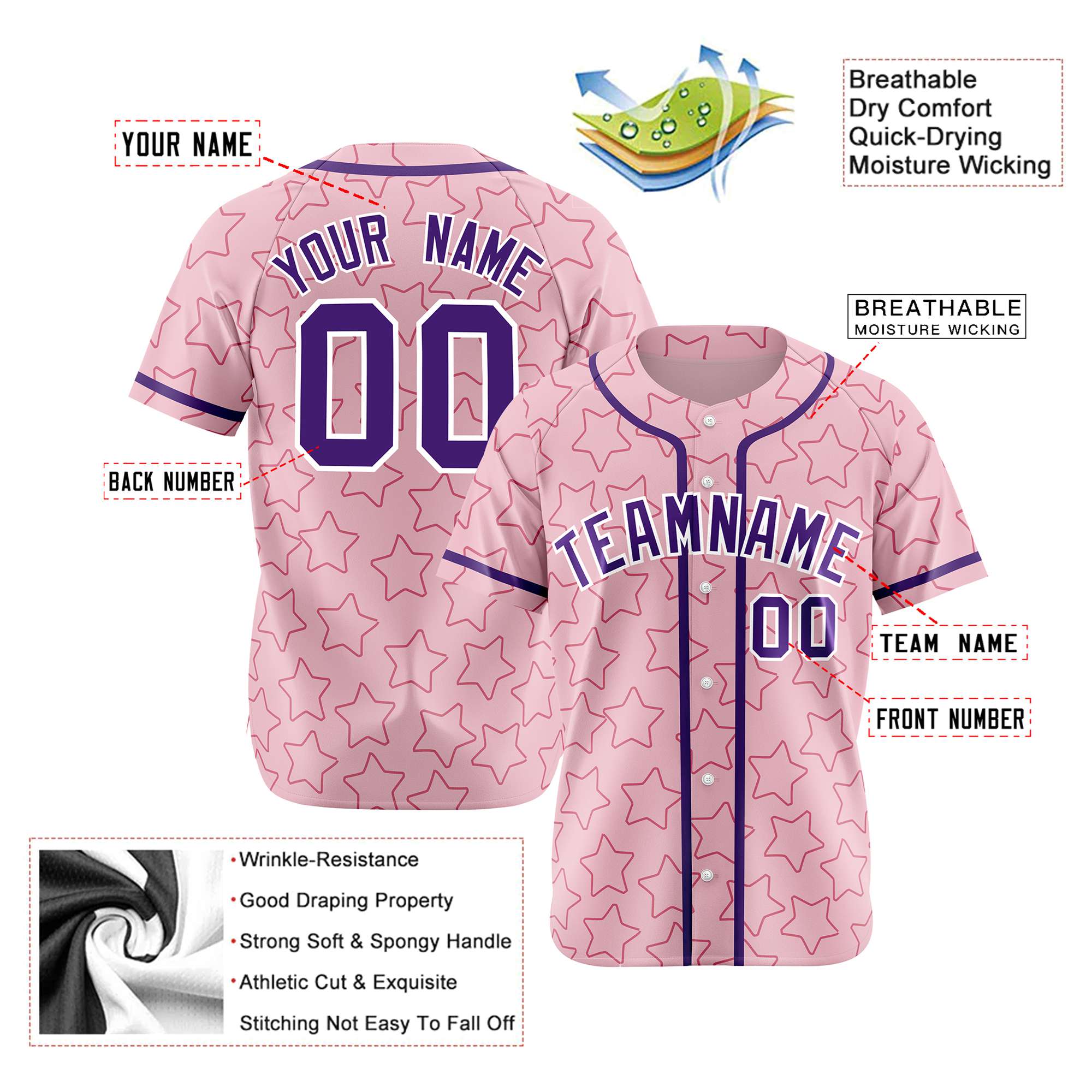 Custom Star Pink violet Baseball Jersey Button Down Shirt Personalized for Adults/Youth